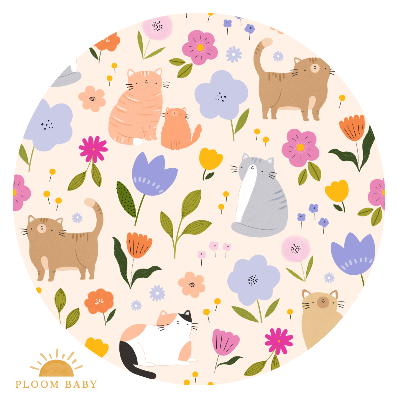 A circular pattern of cats and flowers on a light pink background.
