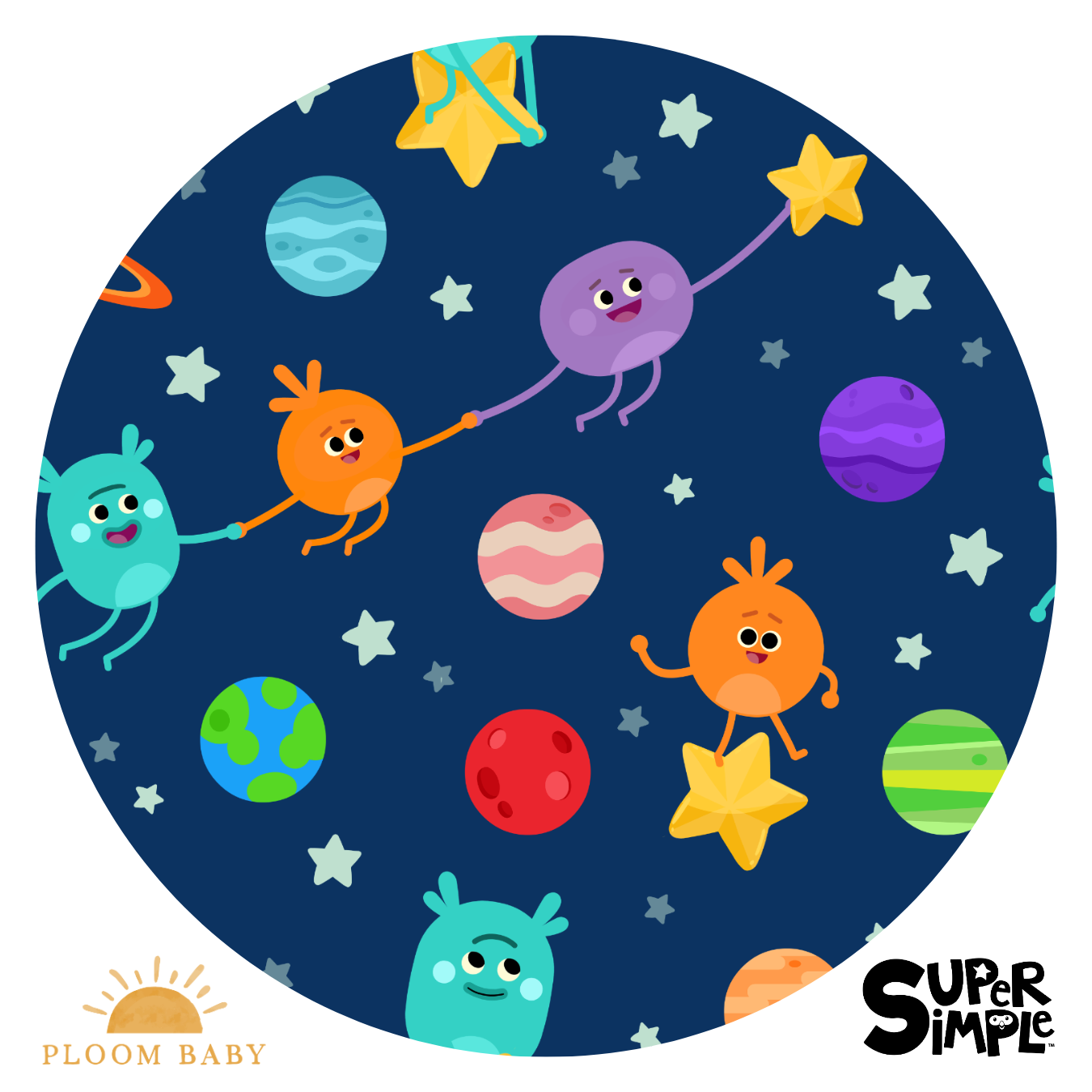 A quilted blanket with cartoon characters in space.