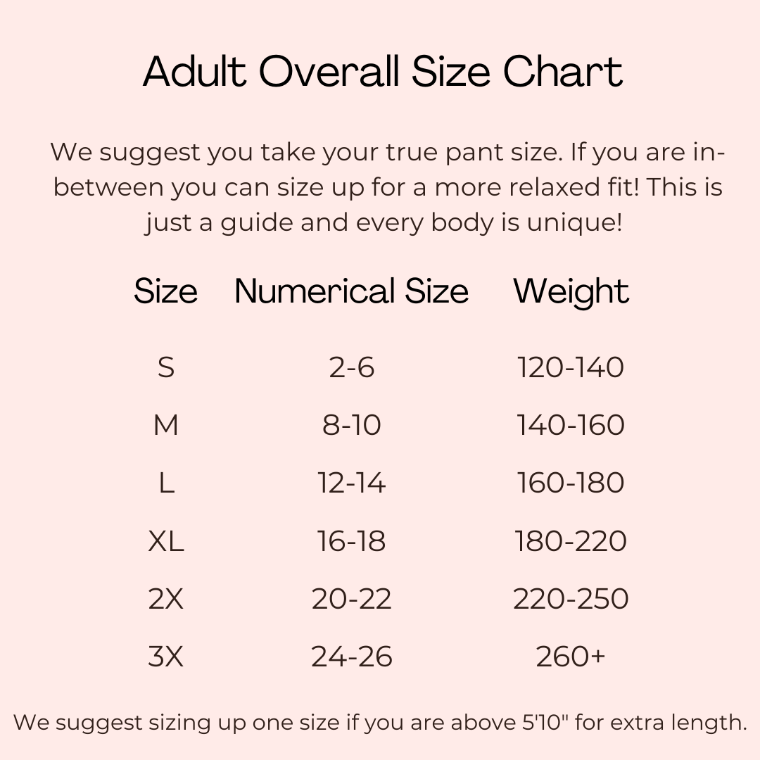 Adult overall size chart with size, numerical size, and weight.