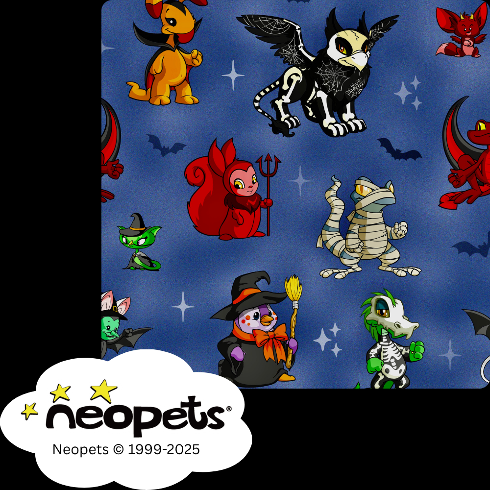 Neopets Halloween print on a blue background with various characters.