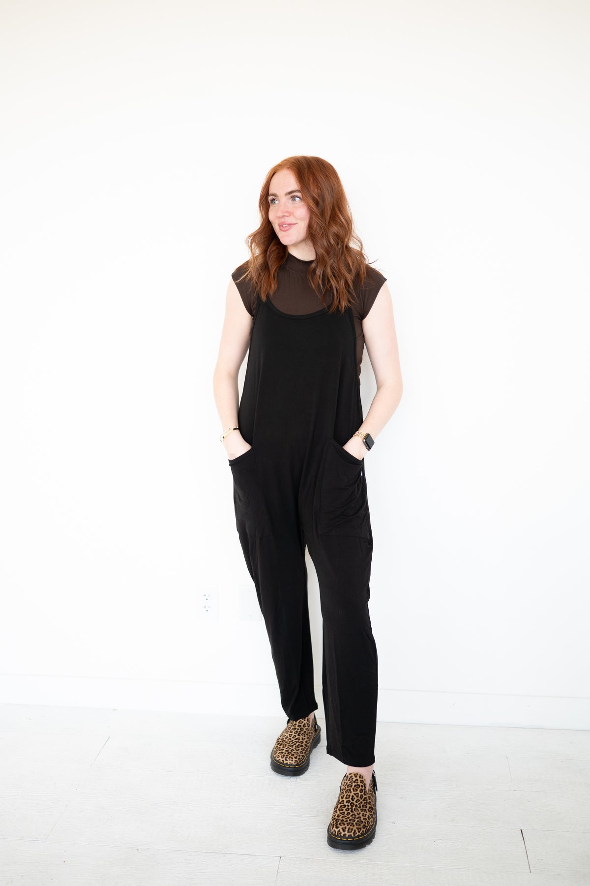 Black luxe bamboo overalls with leopard print shoes.
