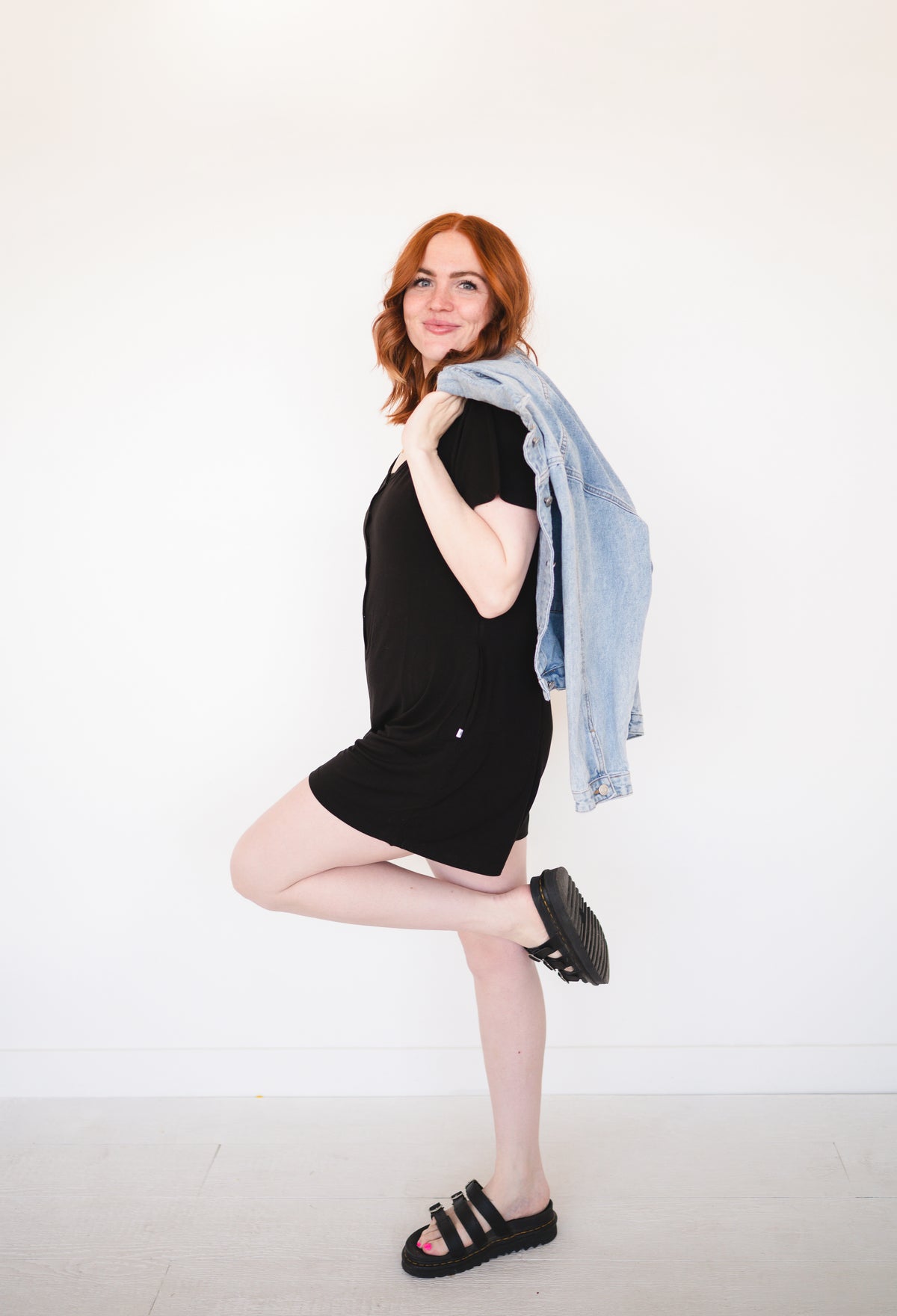 Adult shorty romper in obsidian luxe bamboo with chest snaps.