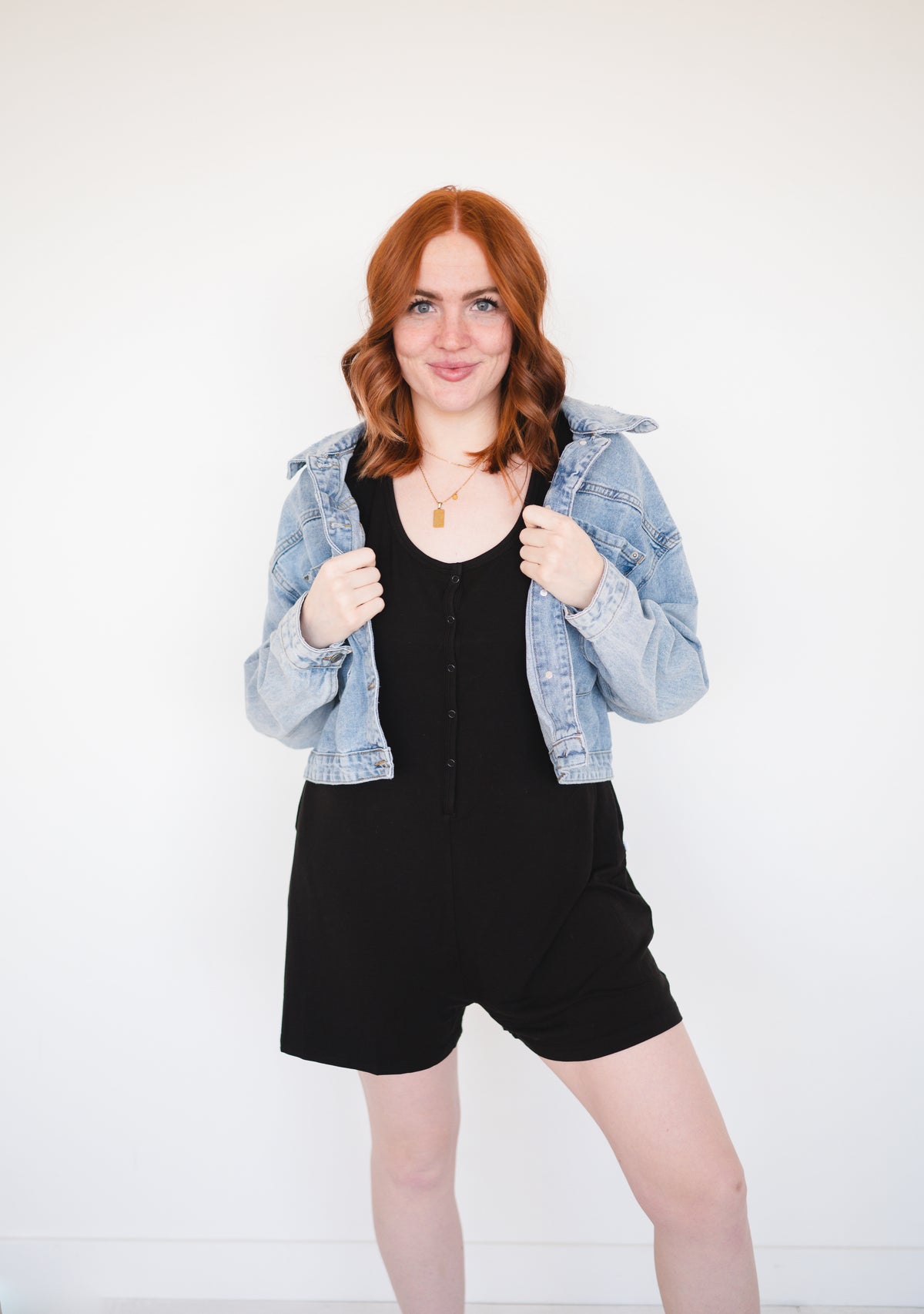 Adult shorty romper in obsidian made of luxe bamboo.