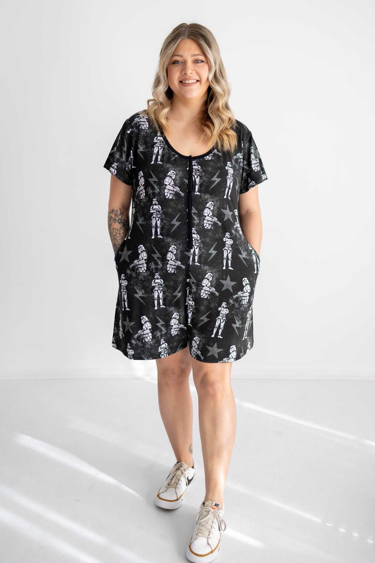 Adult shorty romper with Original Stormtrooper print and chest snaps.