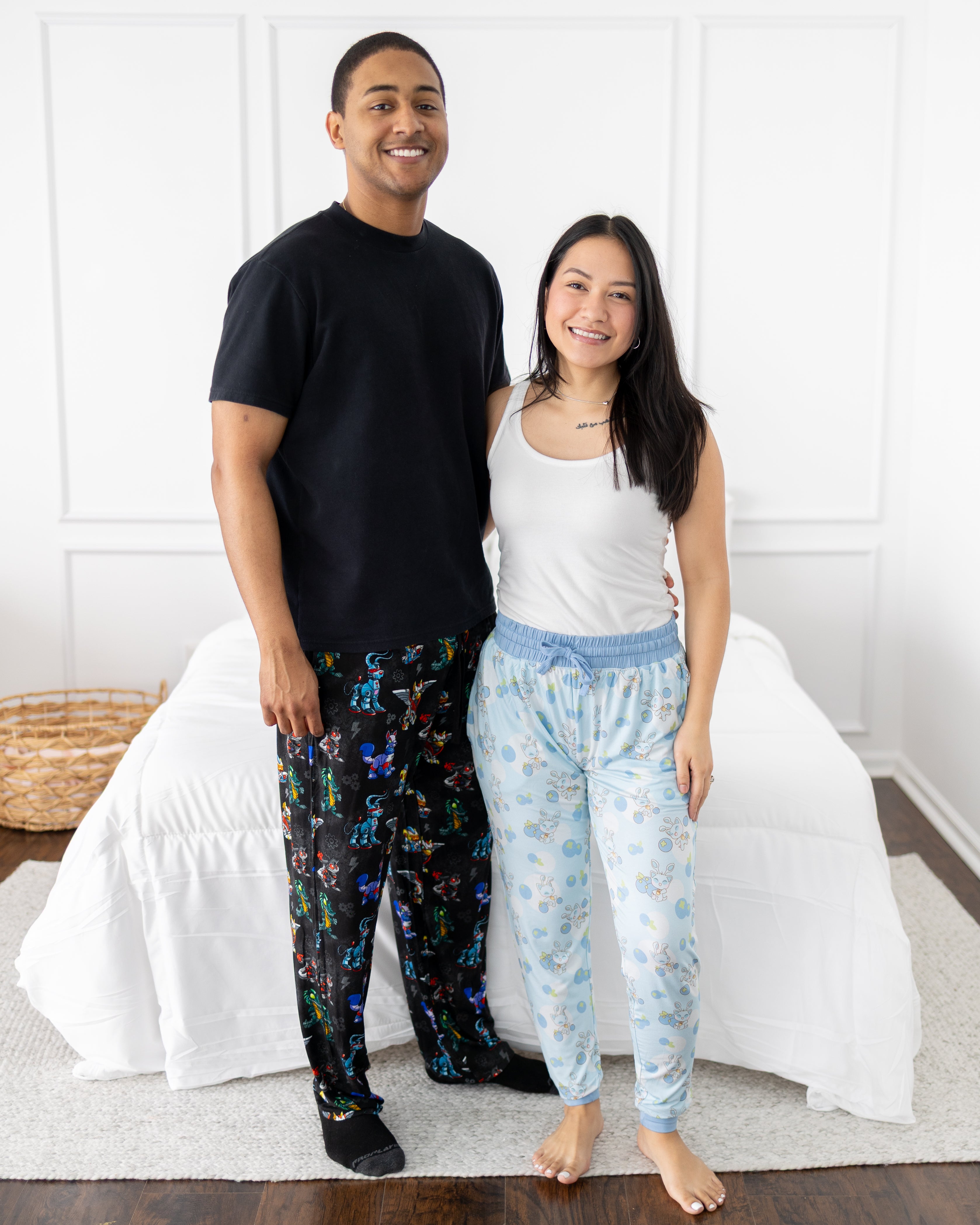 Women's light blue joggers with a blueberry baby Neopets print.
