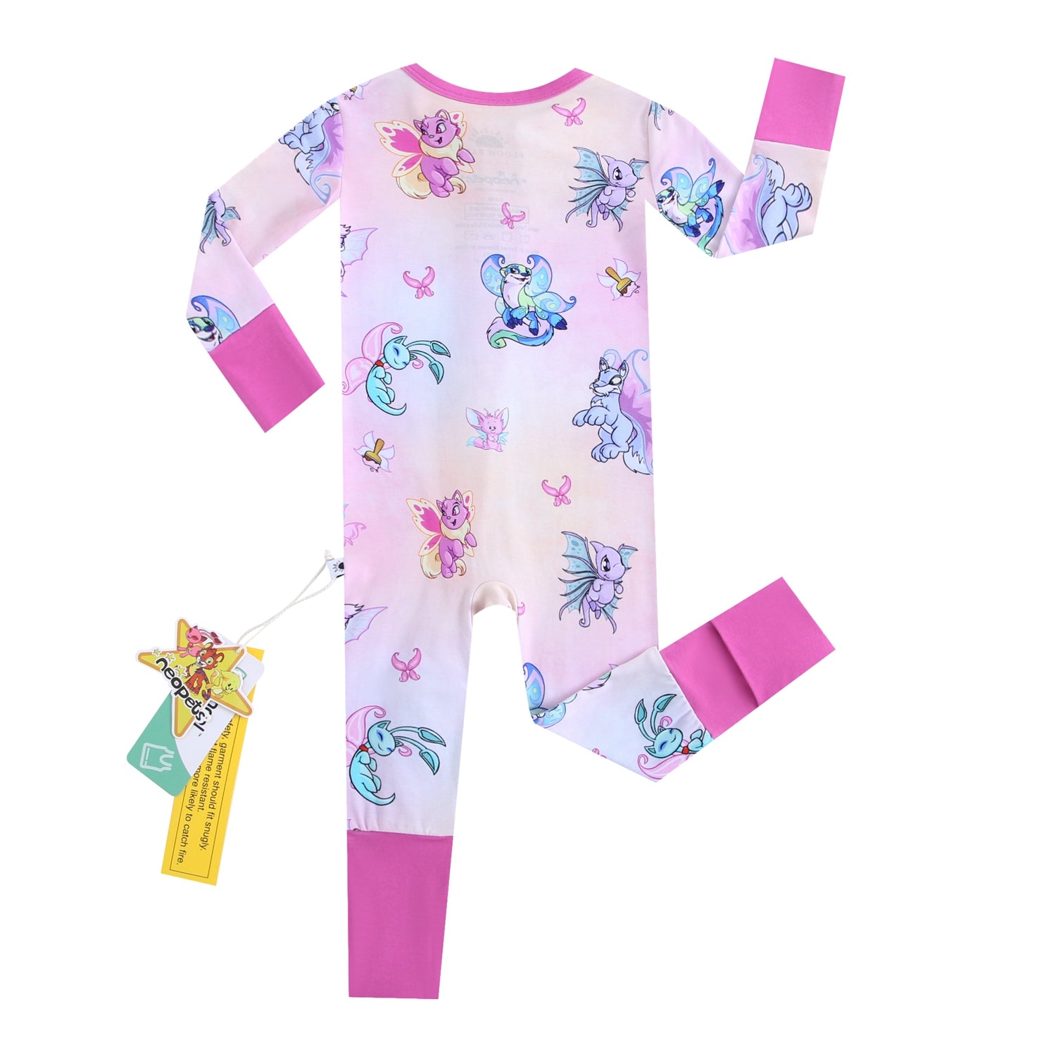 A pink Neopets Faerie Tencel Modal zip pajama set with long sleeves and legs.