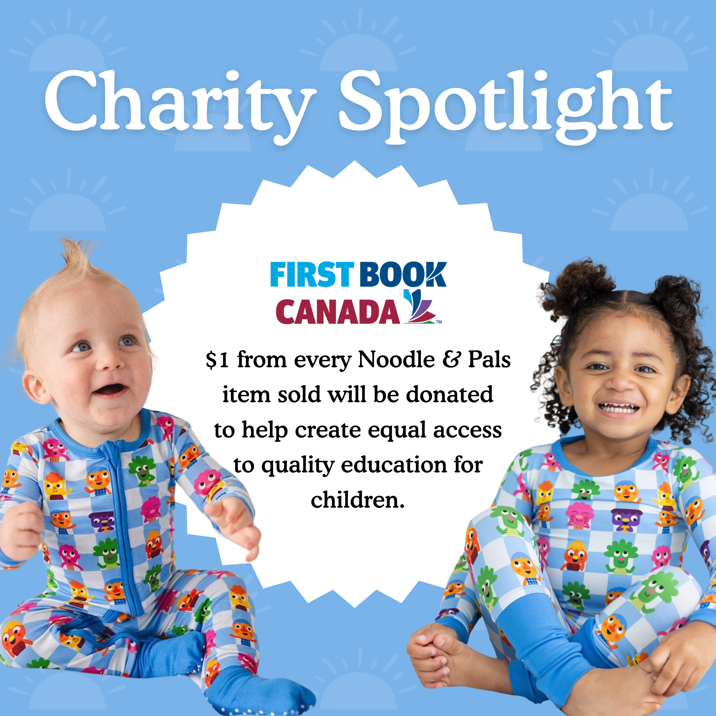 Two children in matching blue pajamas with cartoon characters.