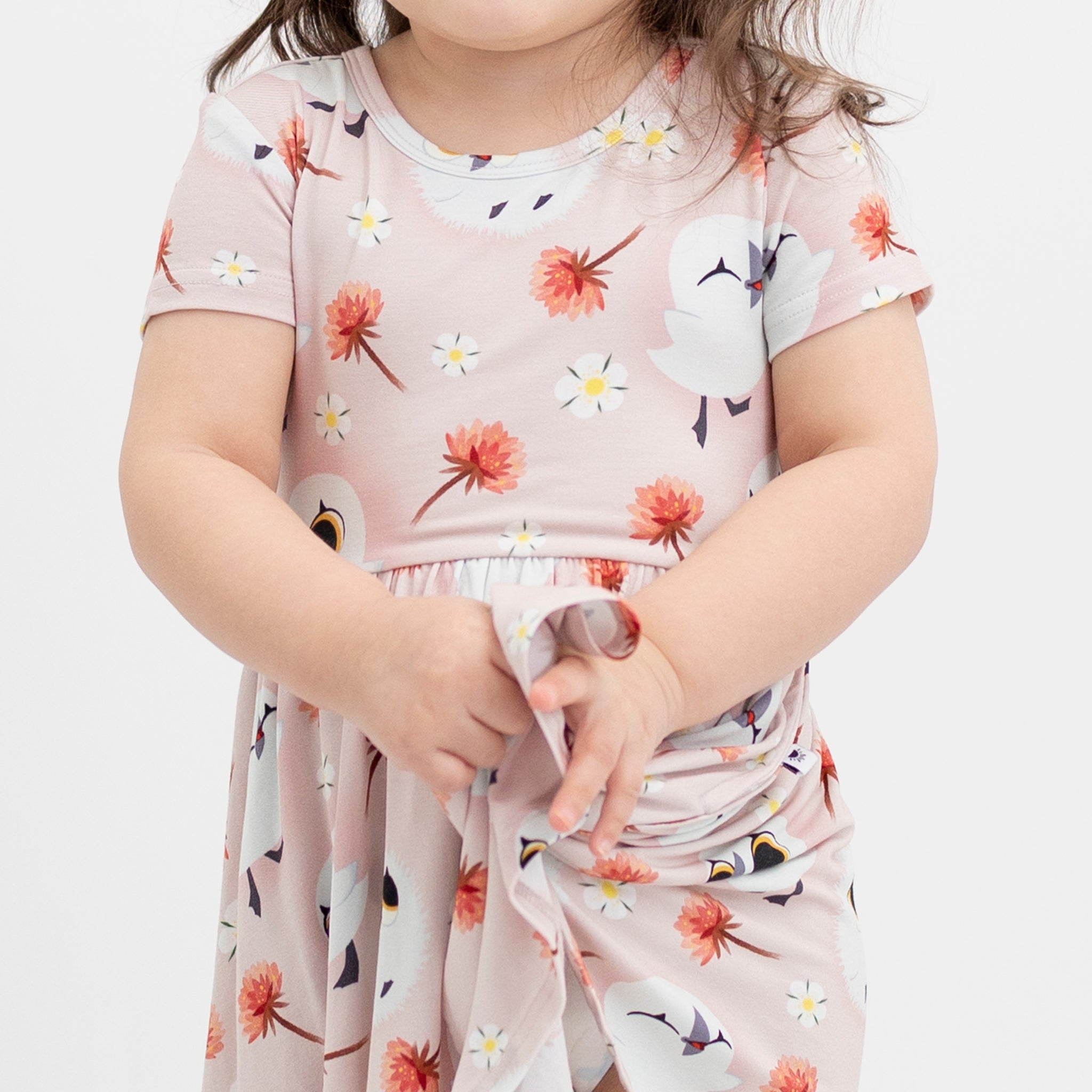 Pink Tencel Modal dress with Puffin Rock print and flowers.