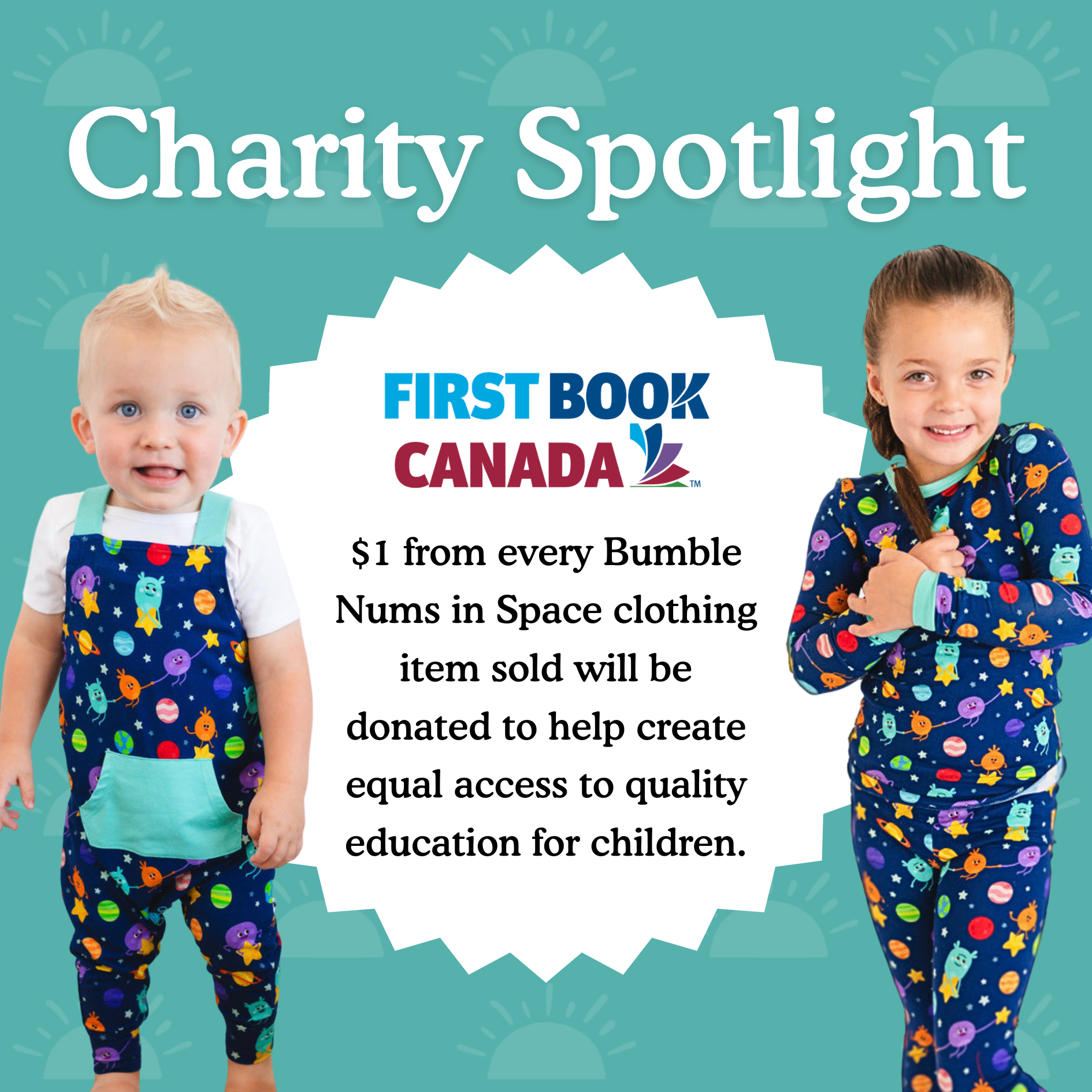 Children in Bumble Nums in Space pajamas with First Book Canada logo.