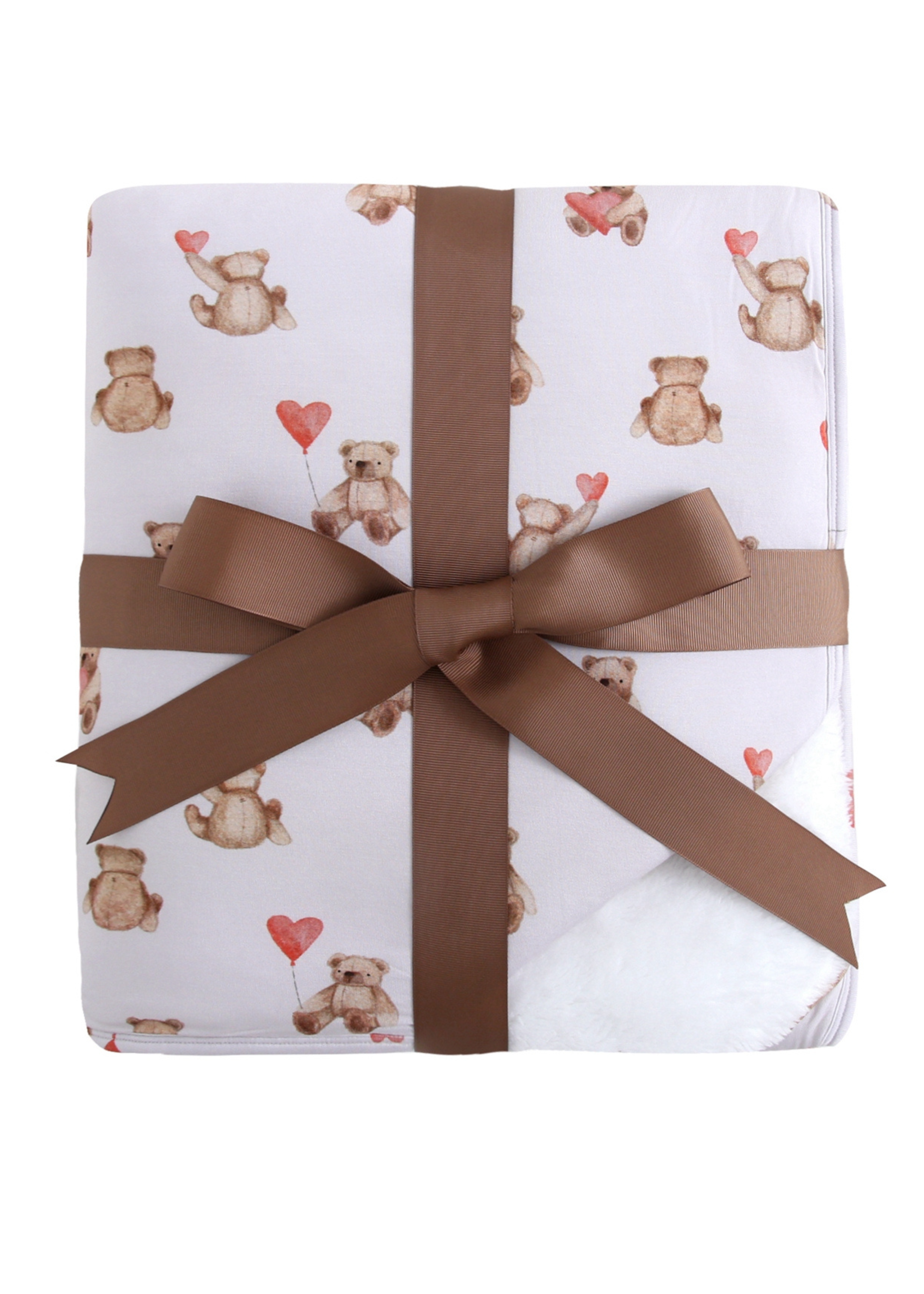 A plush blanket with a teddy bear and heart pattern, tied with a brown ribbon.