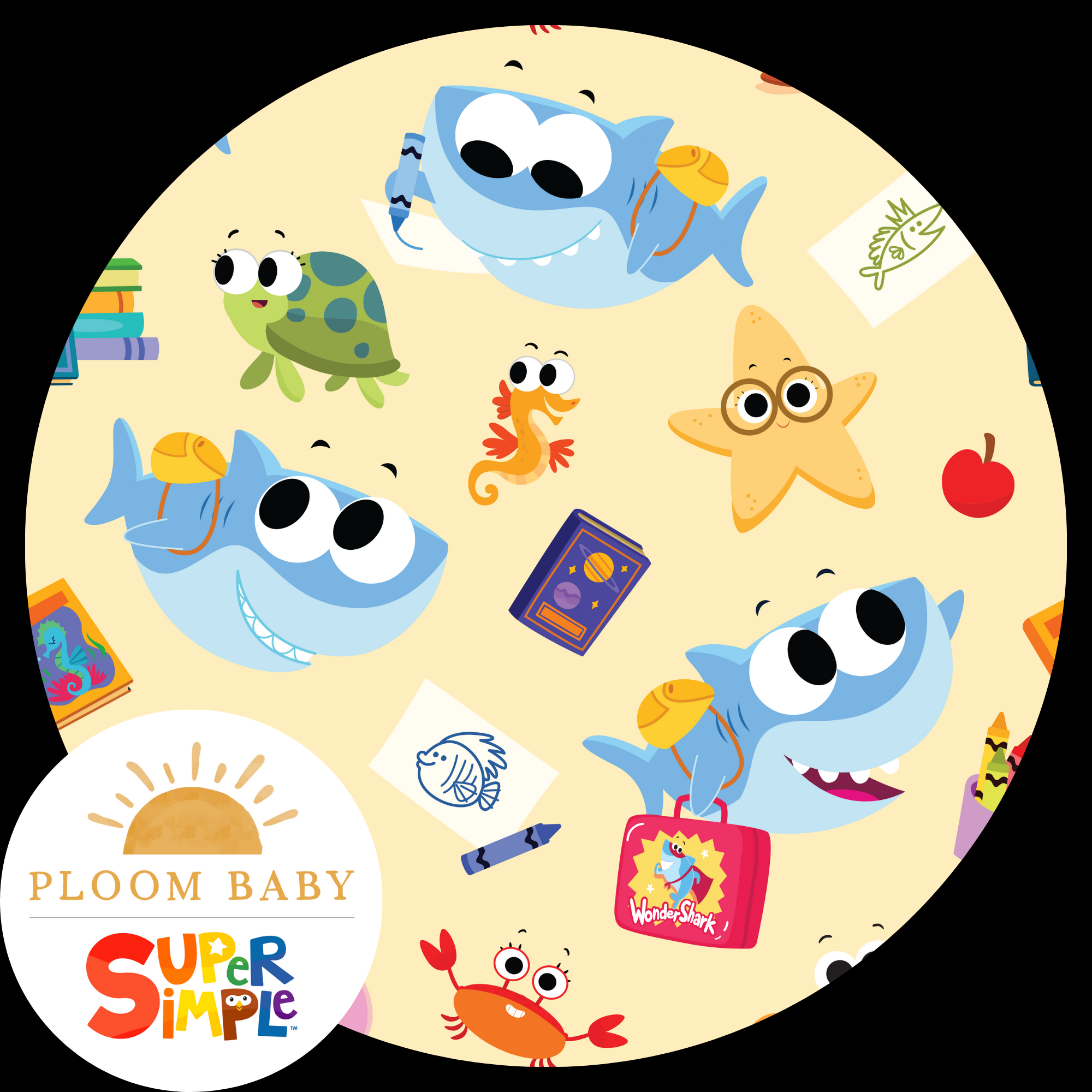 A playful pattern of cartoon sea creatures, including sharks, a turtle, a starfish, and a crab, with school supplies on a light yellow background.