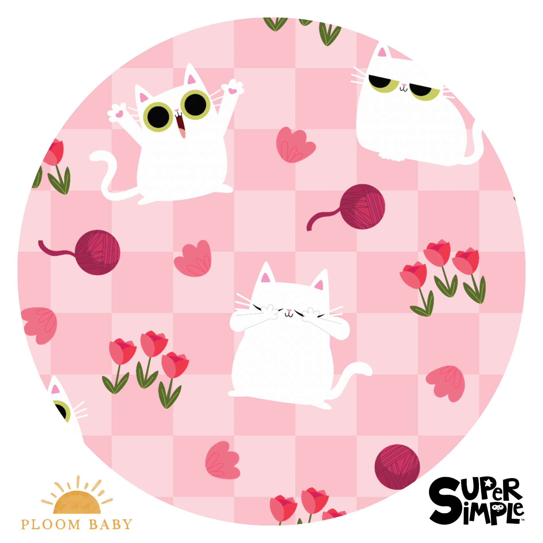 A fitted twin sheet and pillowcase set with a pink checkered background and cartoon cats.