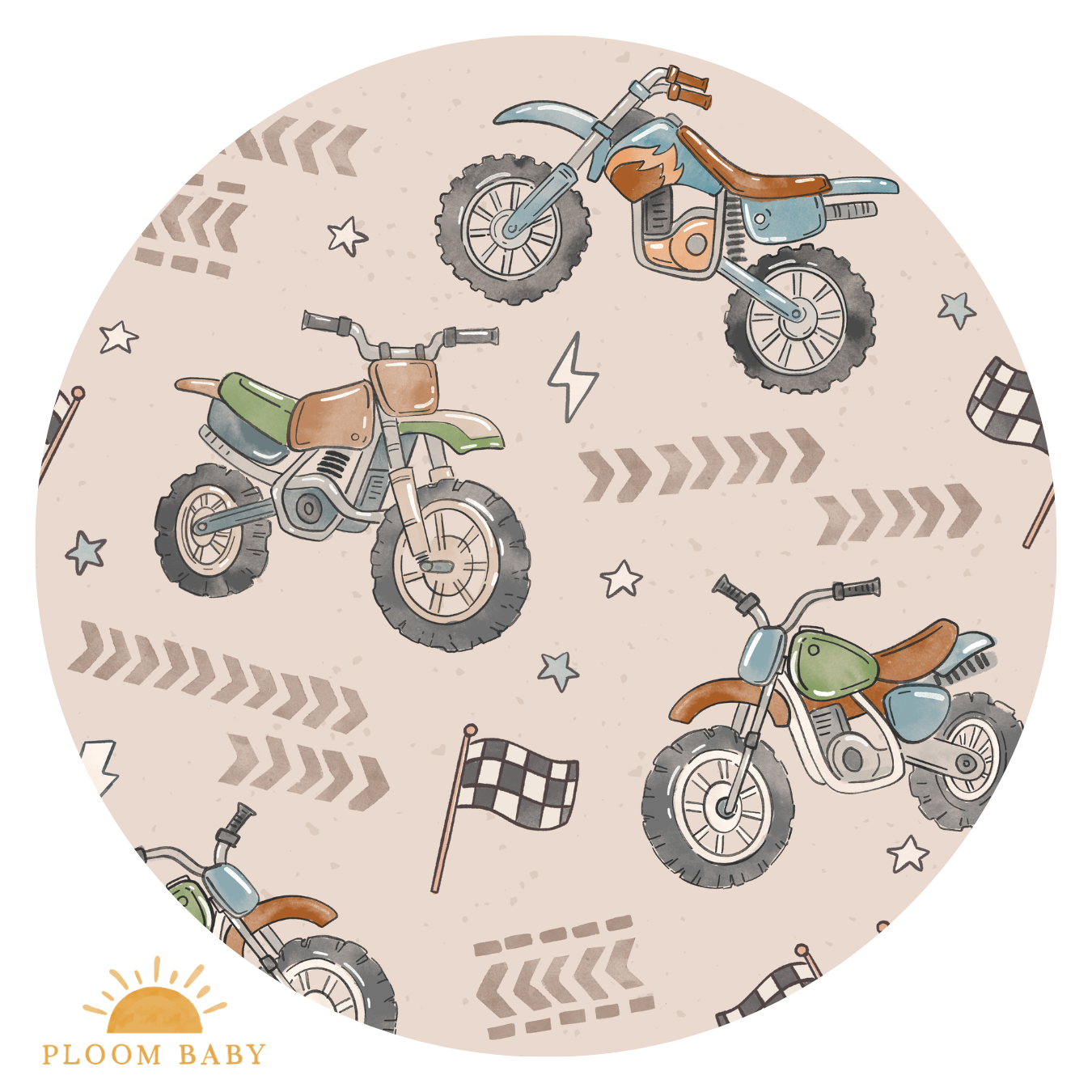 A circular graphic with a beige background featuring watercolor illustrations of dirt bikes, checkered flags, and stars.