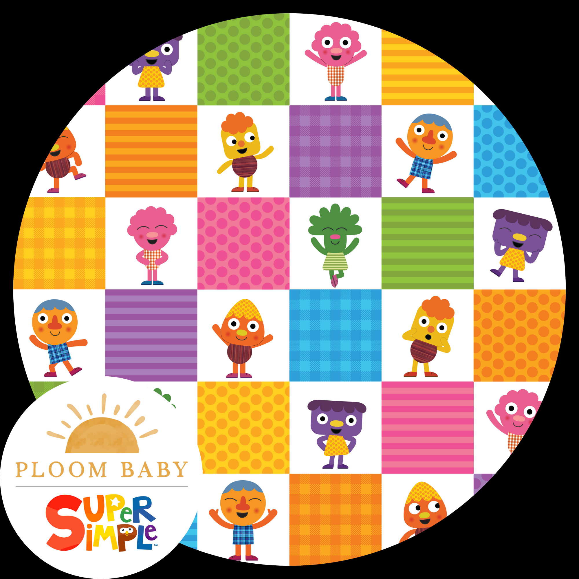 A colorful grid pattern with cartoon characters and the Super Simple logo.