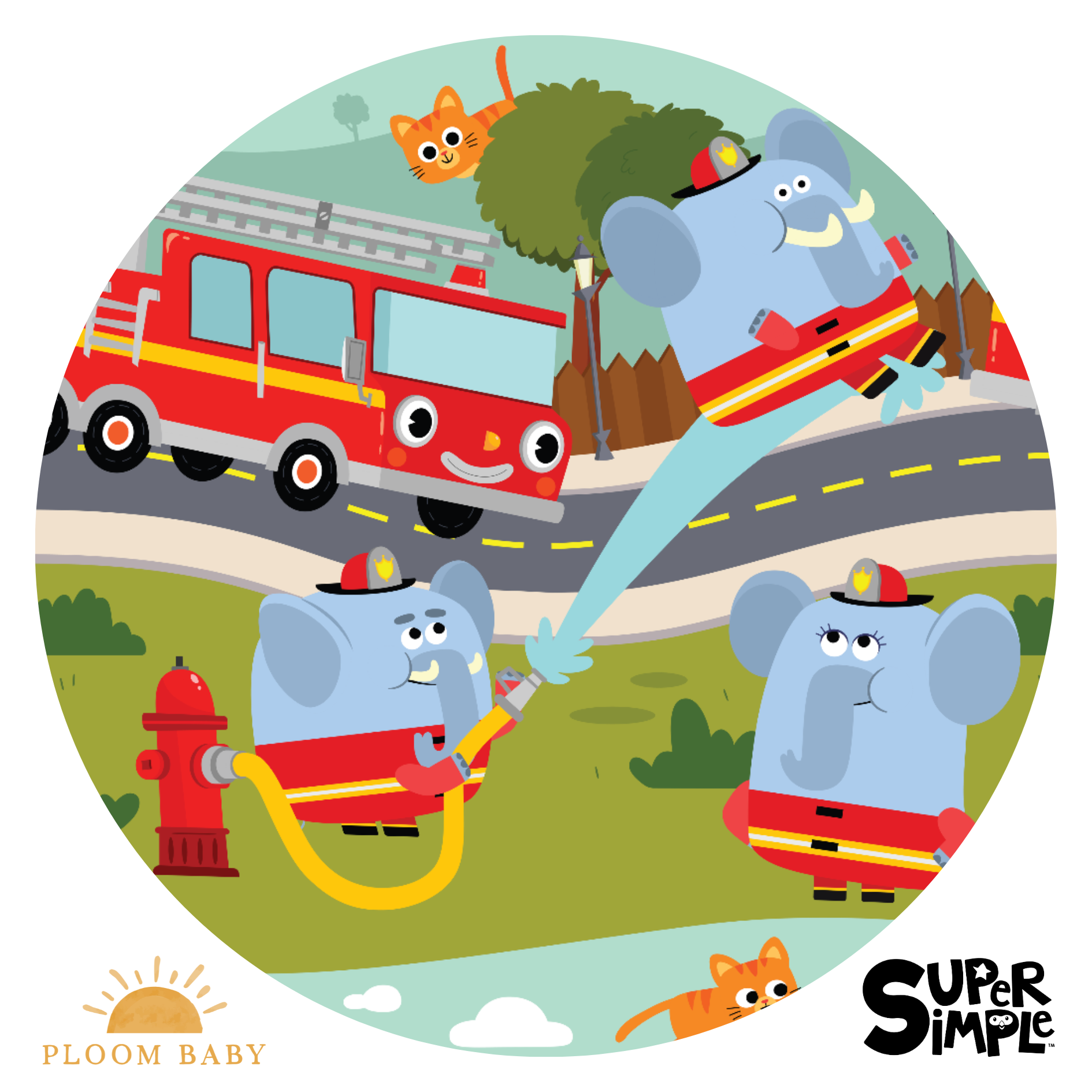 Illustration of elephants in firefighter gear with a firetruck and cats.