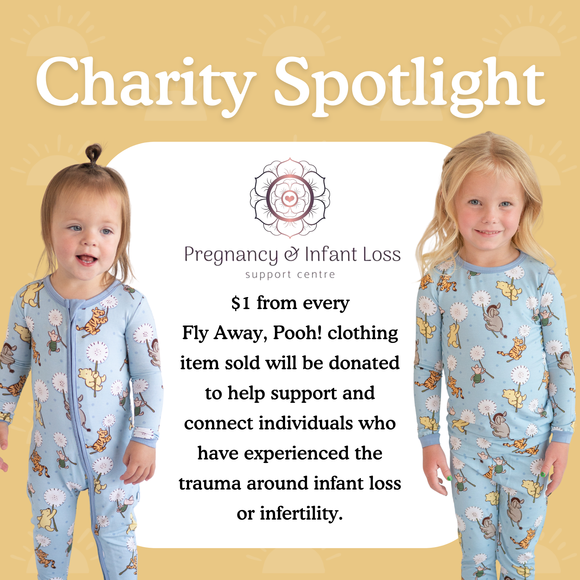 Two children wear blue Winnie the Pooh pajamas with a charity message.