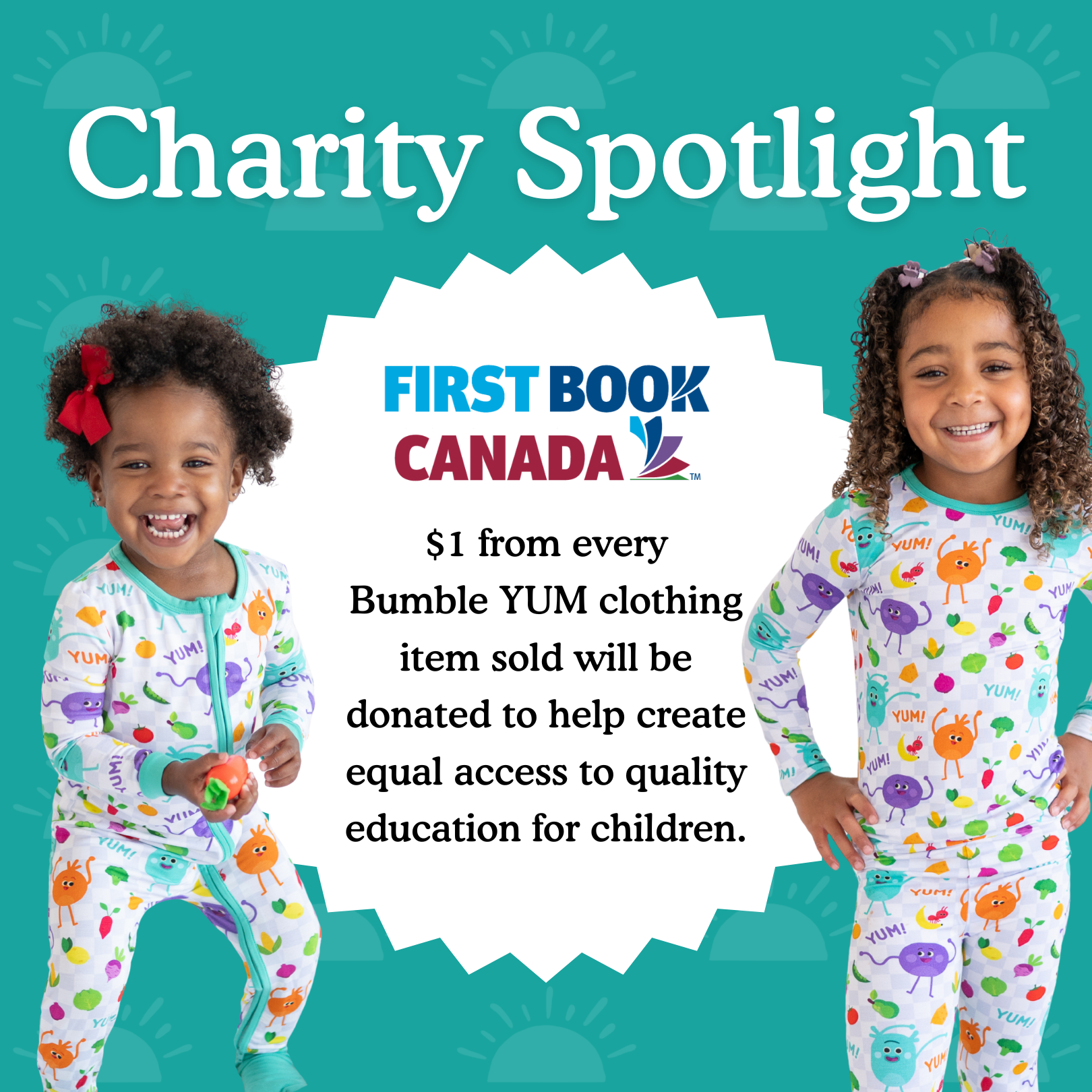 Two children wear pajamas with a colorful vegetable and character print.