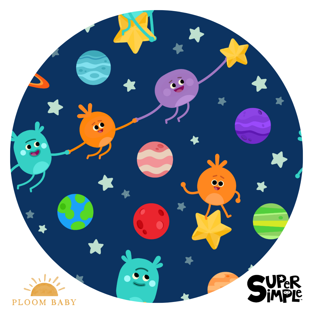A circular graphic of cartoon characters and planets in space with Super Simple logo.