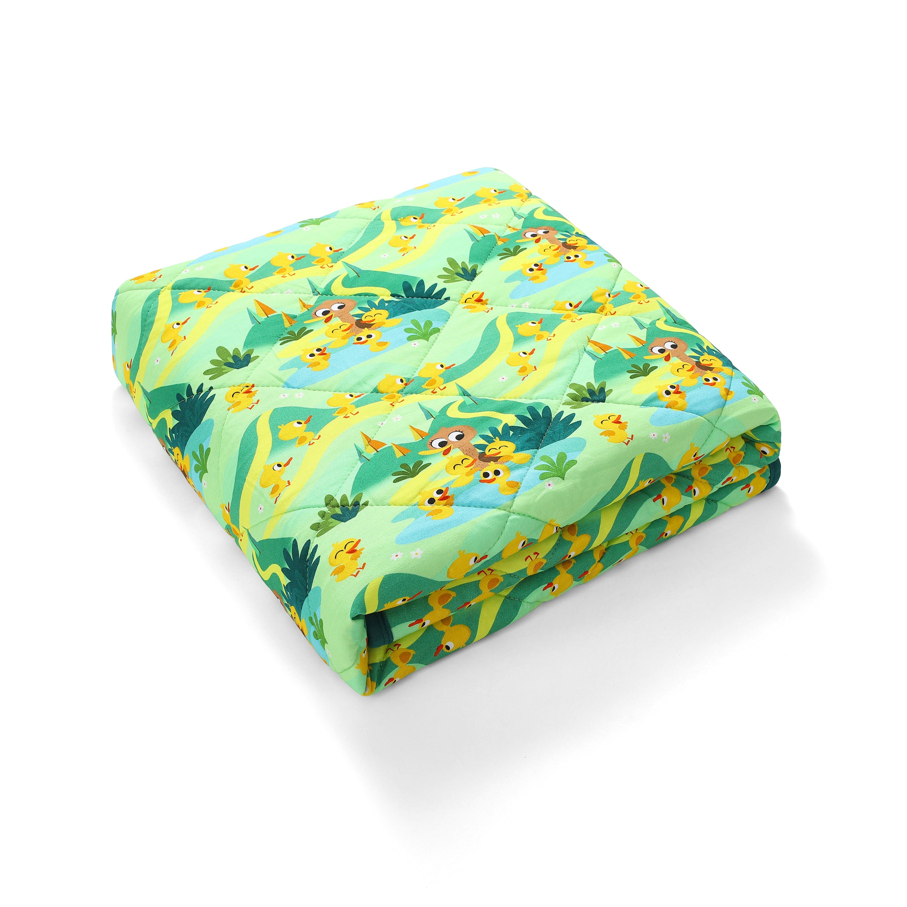 A quilted bamboo blanket with a green background and a pattern of yellow ducks and green foliage.