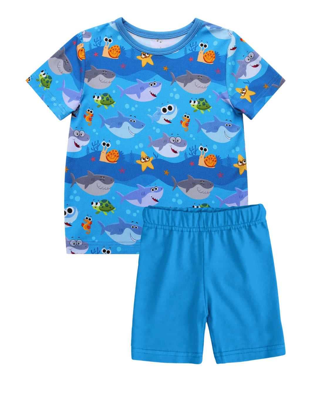 Blue t-shirt with shark print and blue biker shorts.