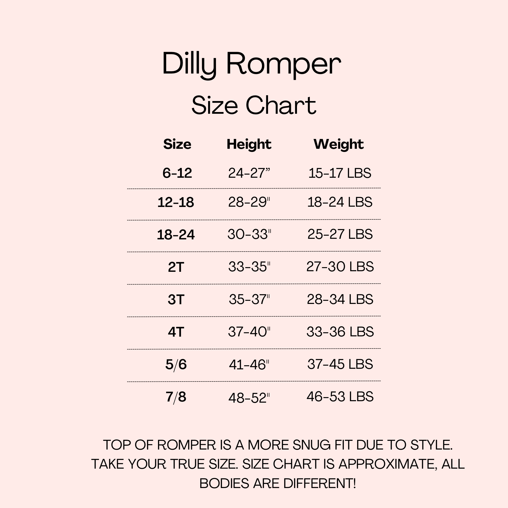 Dilly Romper size chart with height and weight measurements.