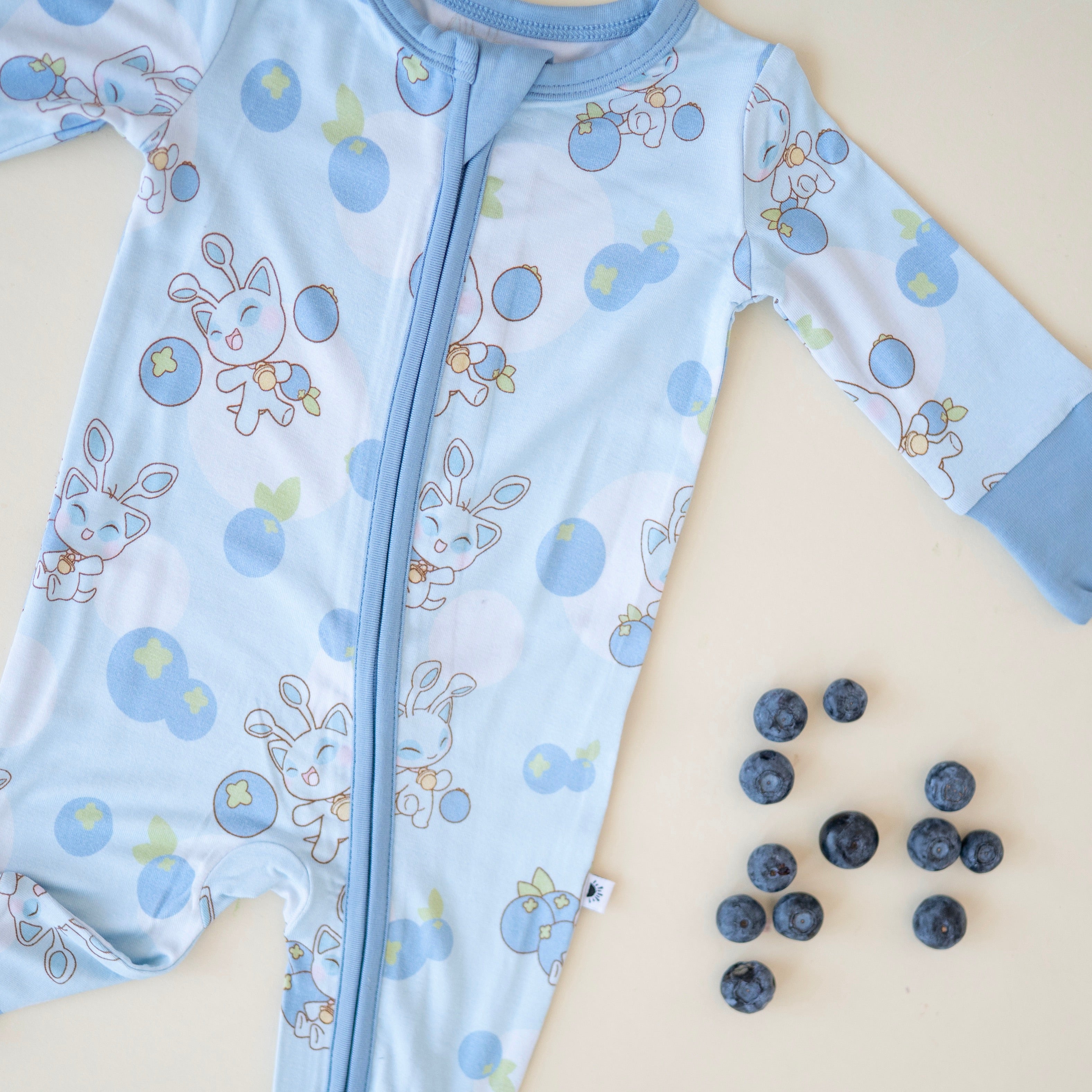 Blue baby pajamas with a blueberry and Neopets print.