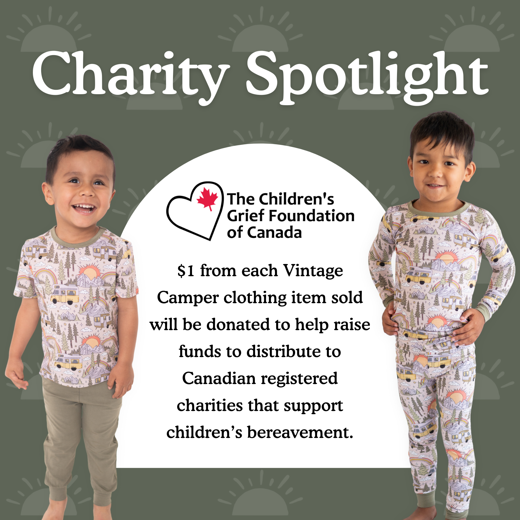 Two young boys in vintage camper print pajamas stand in front of text about a charity donation.