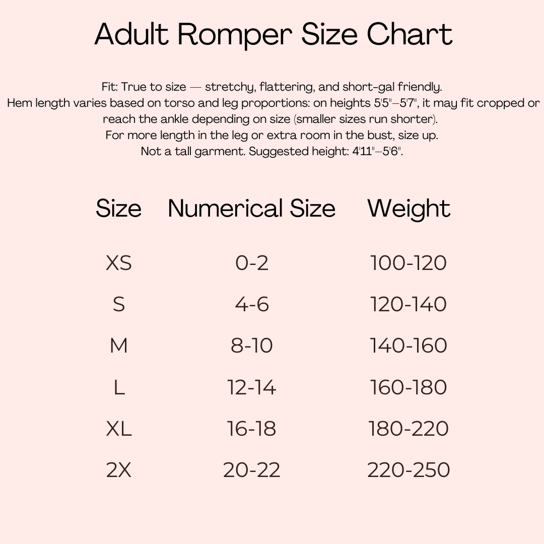Size chart for an adult romper listing numerical sizes and weight ranges from XS to 2X.