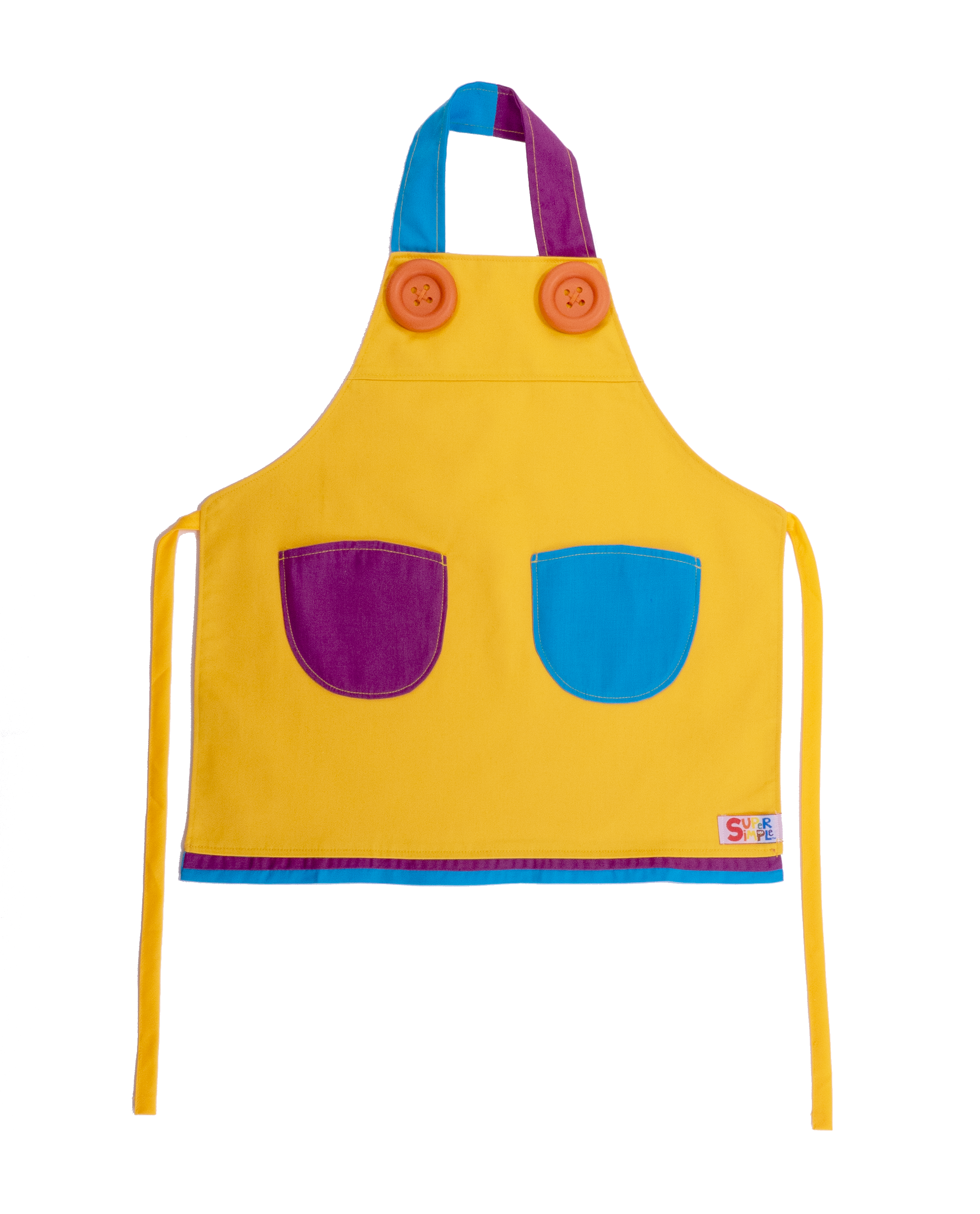 Yellow apron with purple and blue pockets and straps, and orange buttons.