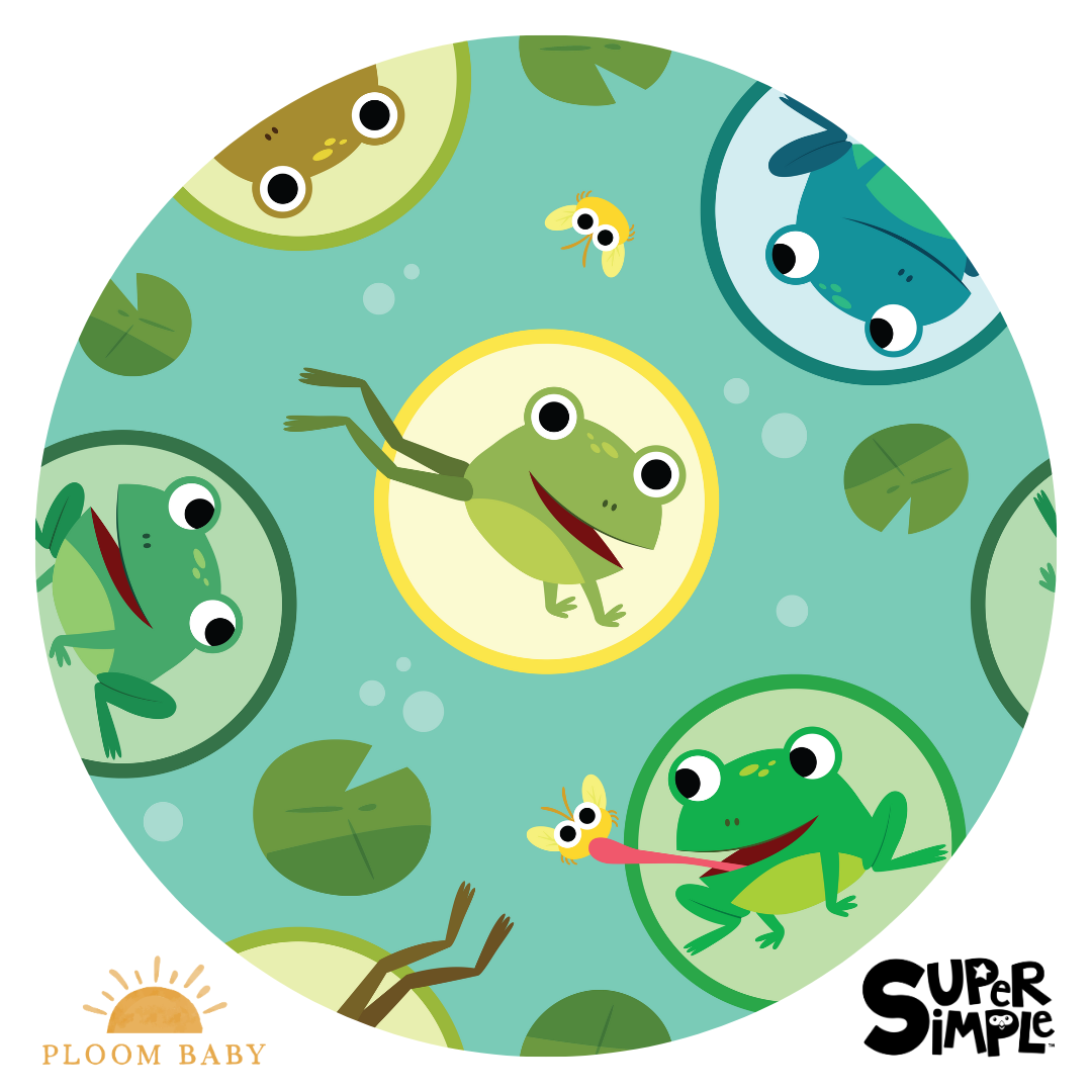 Illustration of frogs on lily pads with a butterfly.