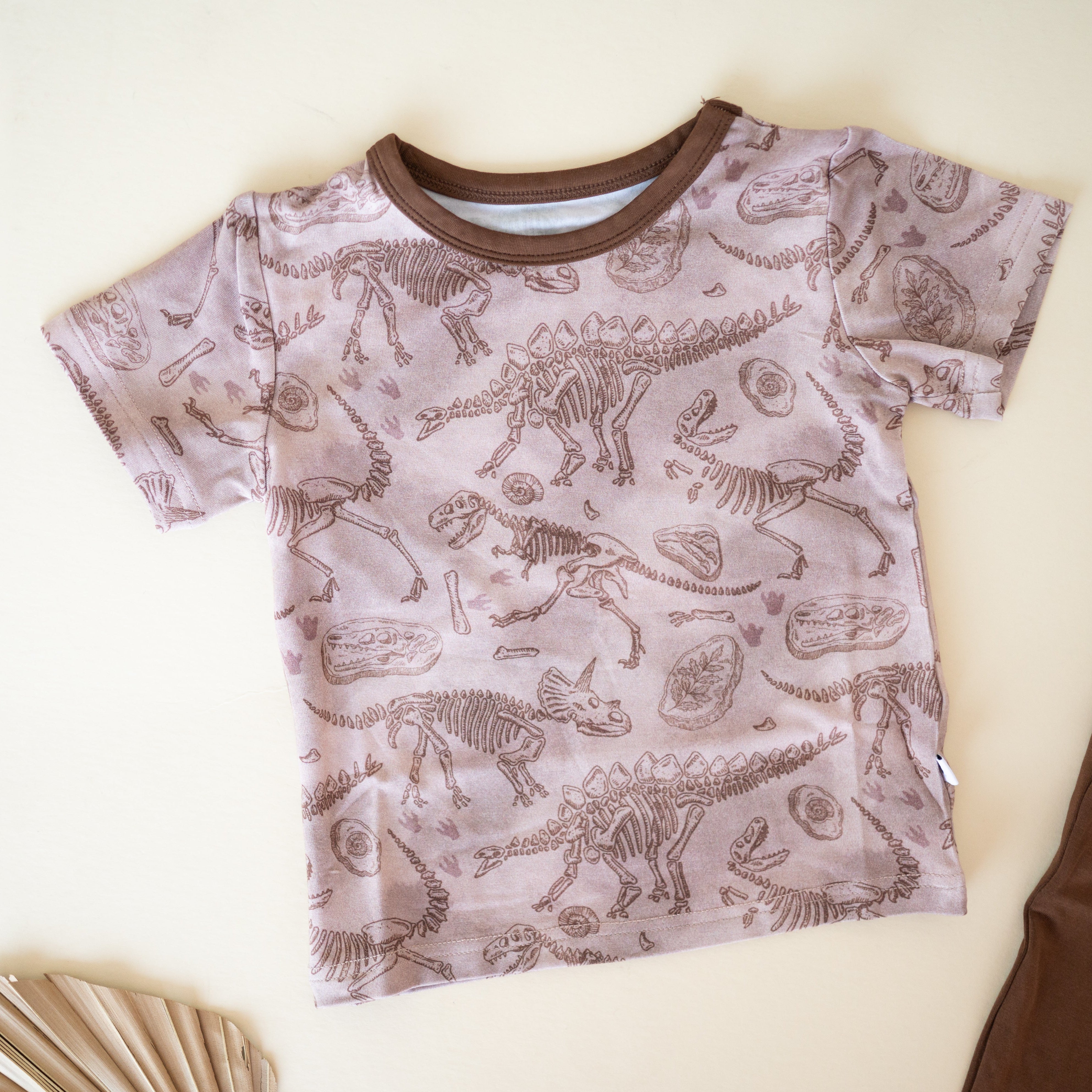 T-shirt with a fossil print and brown trim.