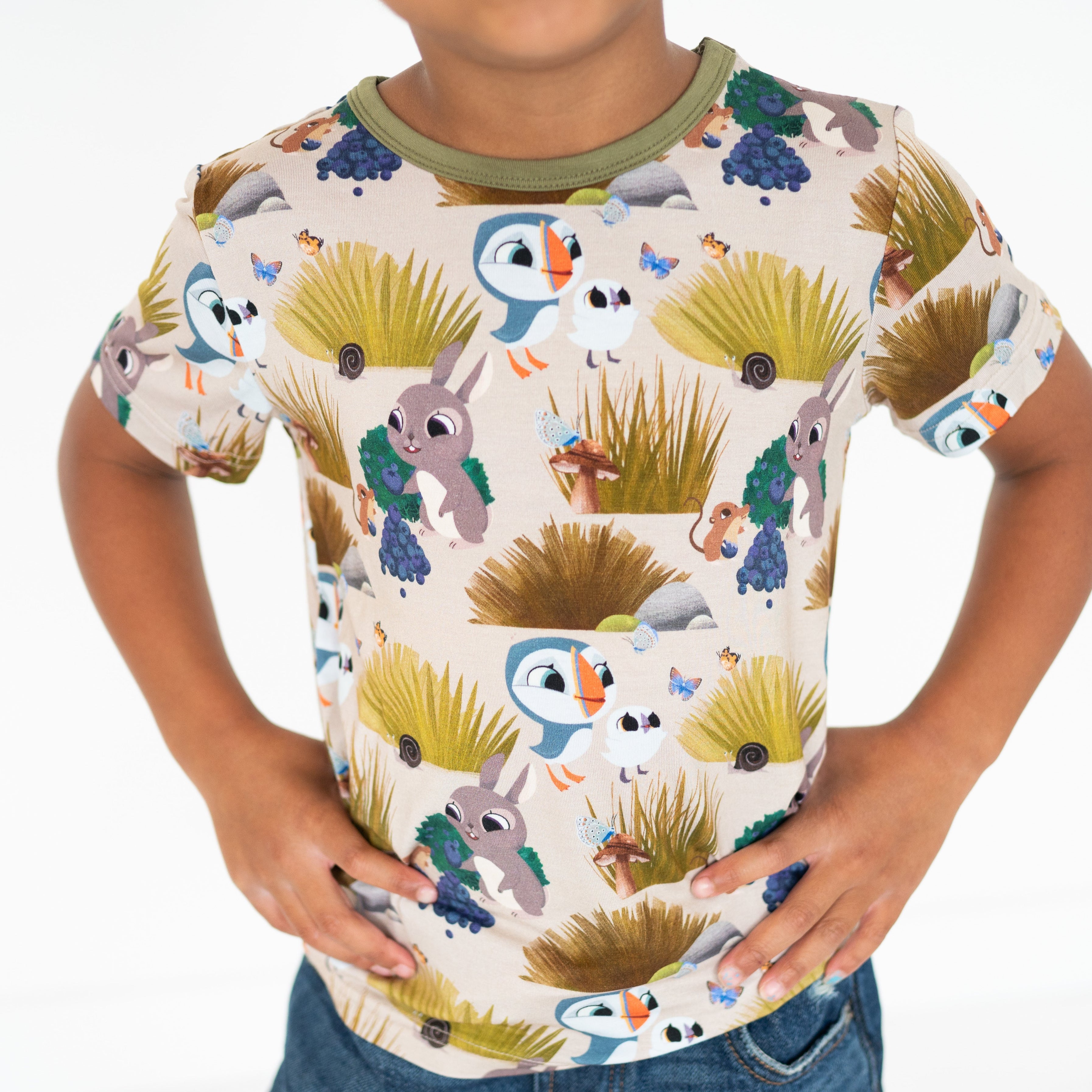 T-shirt with a Puffin Rock™ print featuring puffins, rabbits, and butterflies.