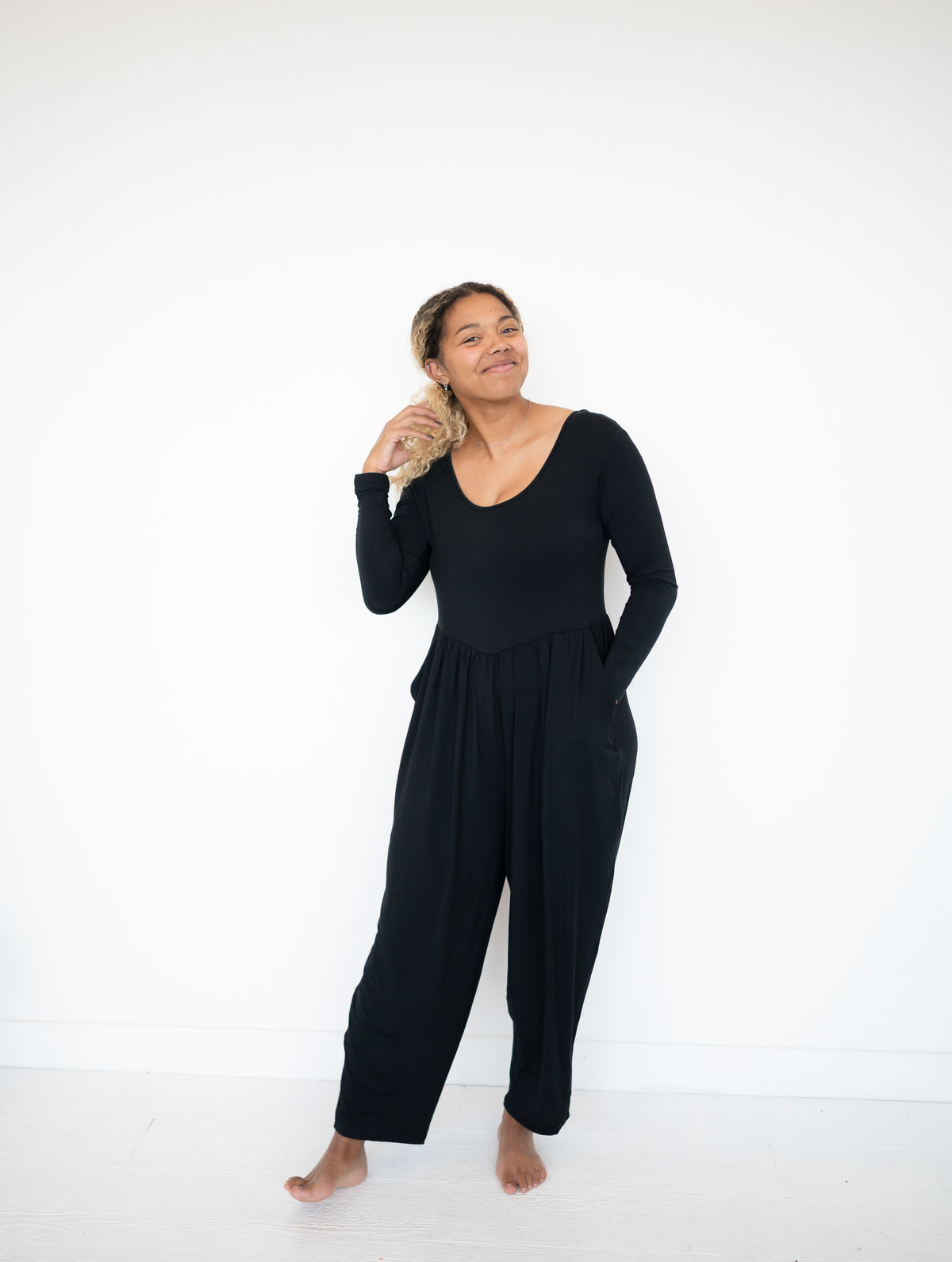 Long Sleeve Adult Romper - Obsidian- Ploom Collective - Tencel™ Modal lifestyle image