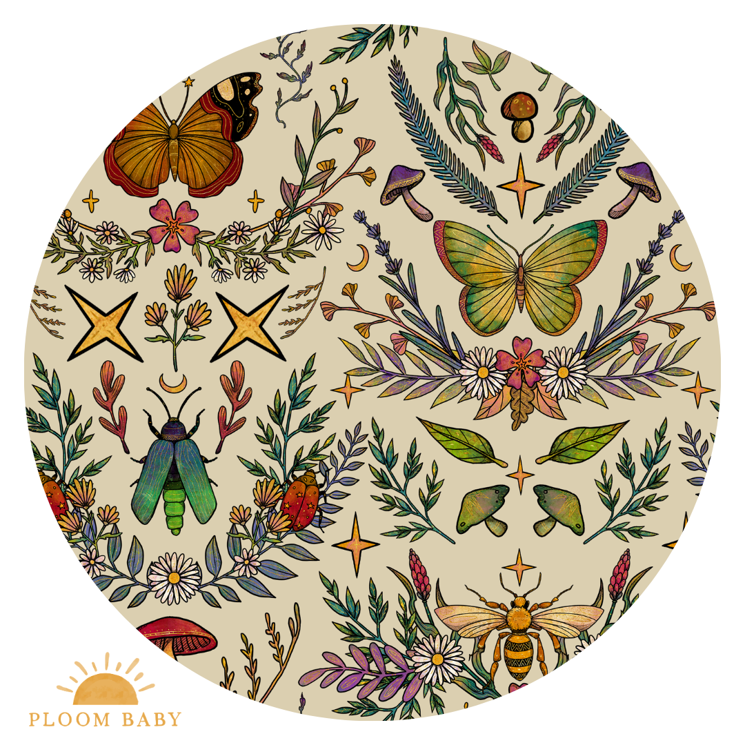 A circular pattern of colorful insects, mushrooms, and flowers on a light beige background.