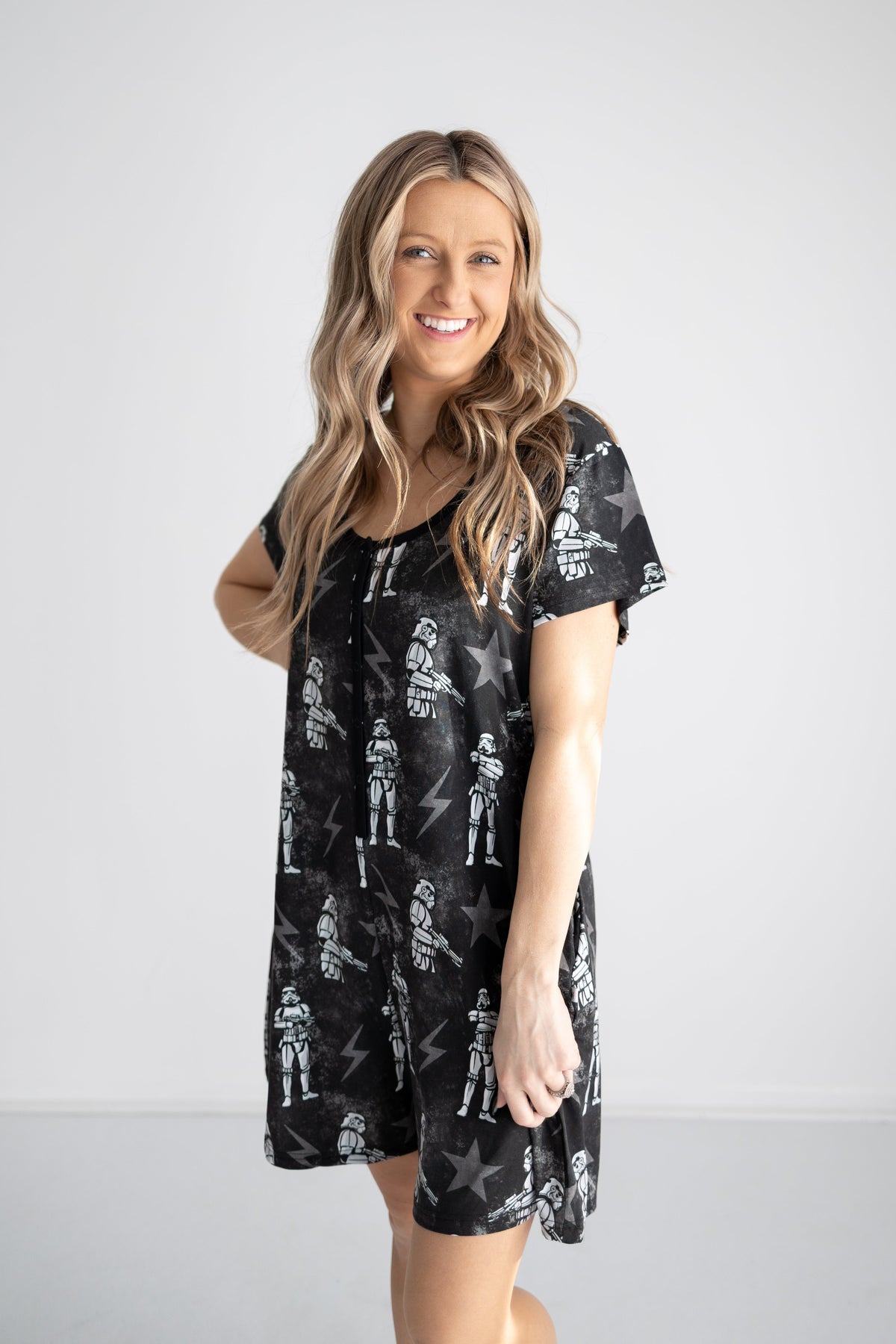 Adult shorty romper with an all-over Original Stormtrooper print.