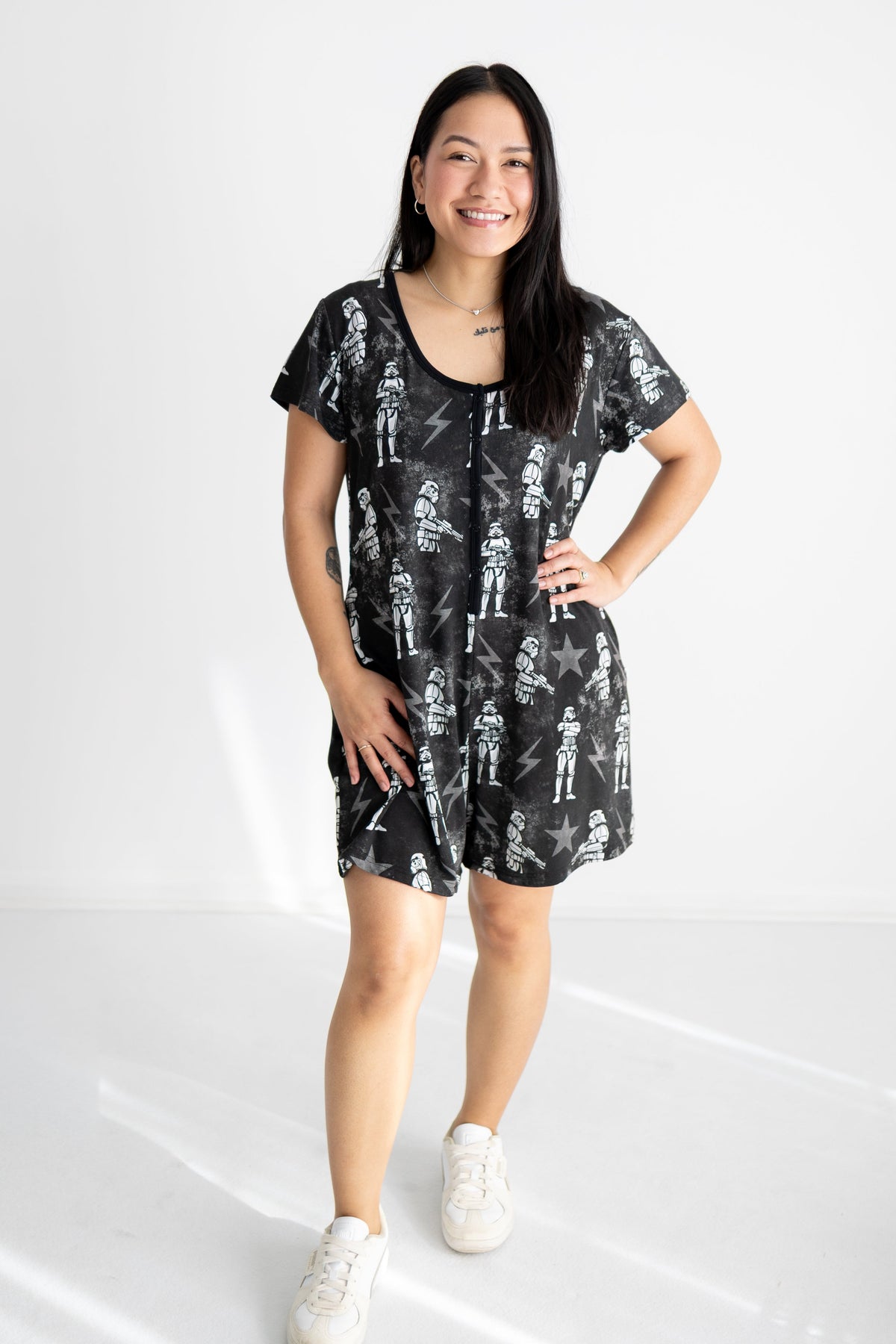 Adult shorty romper with an all-over Original Stormtrooper print.