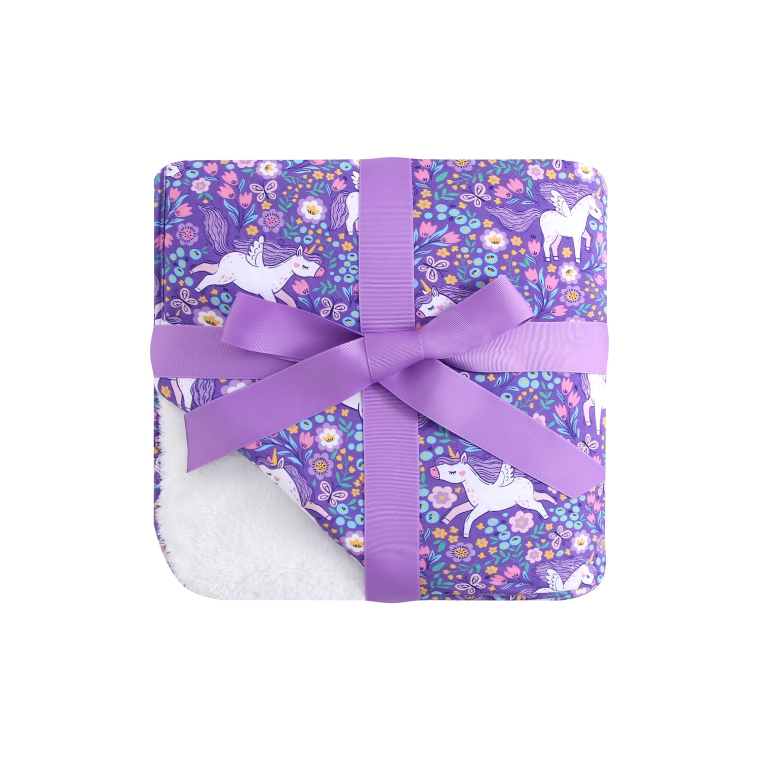 A purple blanket with a unicorn and floral print, tied with a purple ribbon.