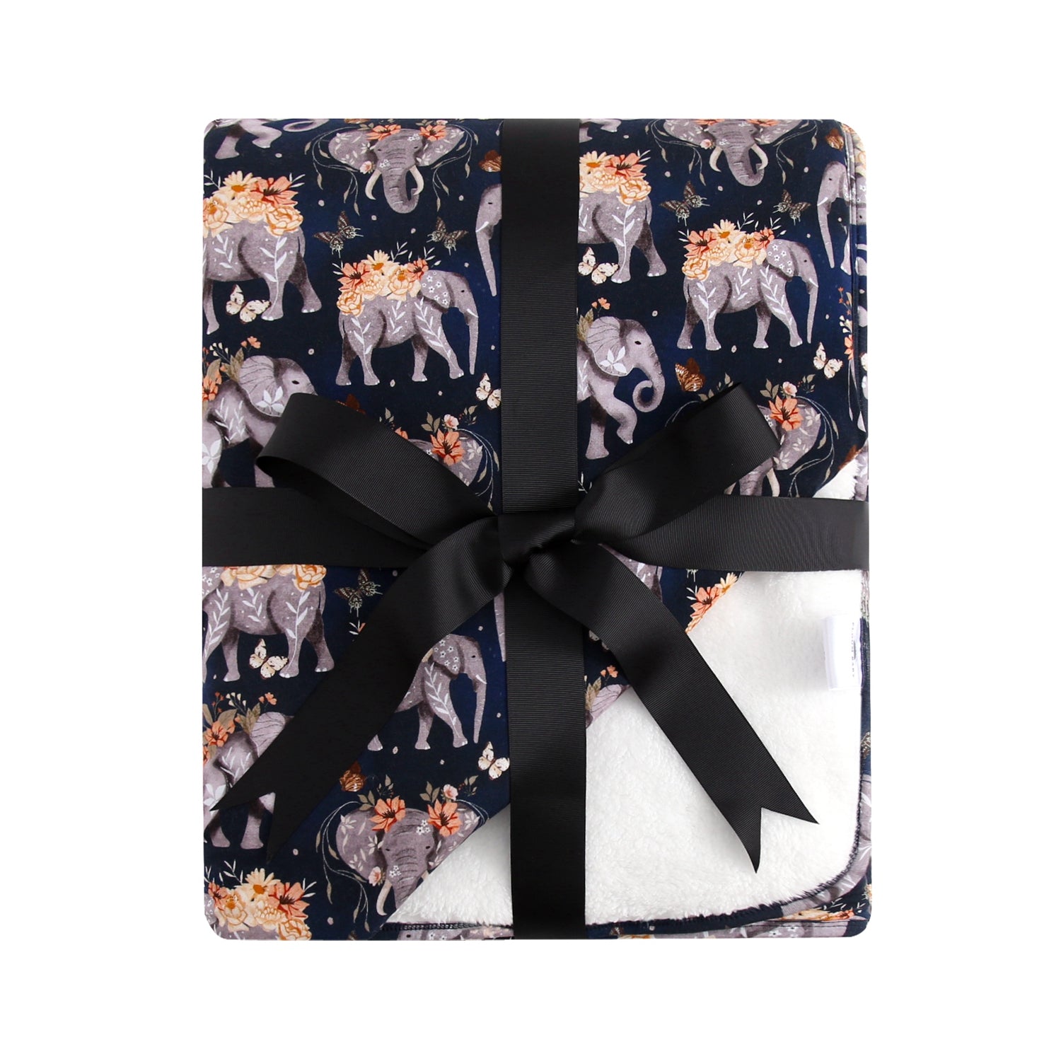 A navy blue blanket with an elephant and floral pattern, tied with a black ribbon.