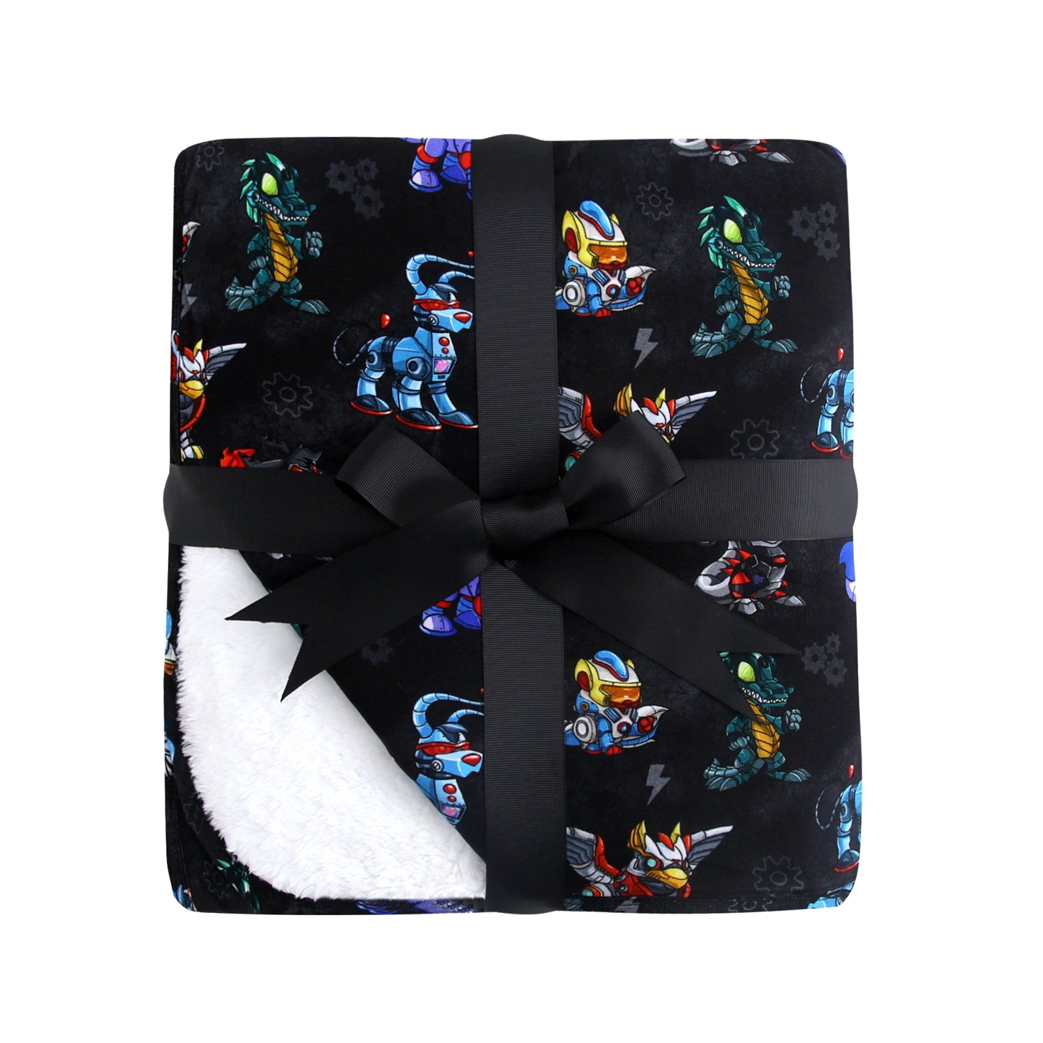 A black plush blanket with a Neopets robot pattern, tied with a black ribbon.