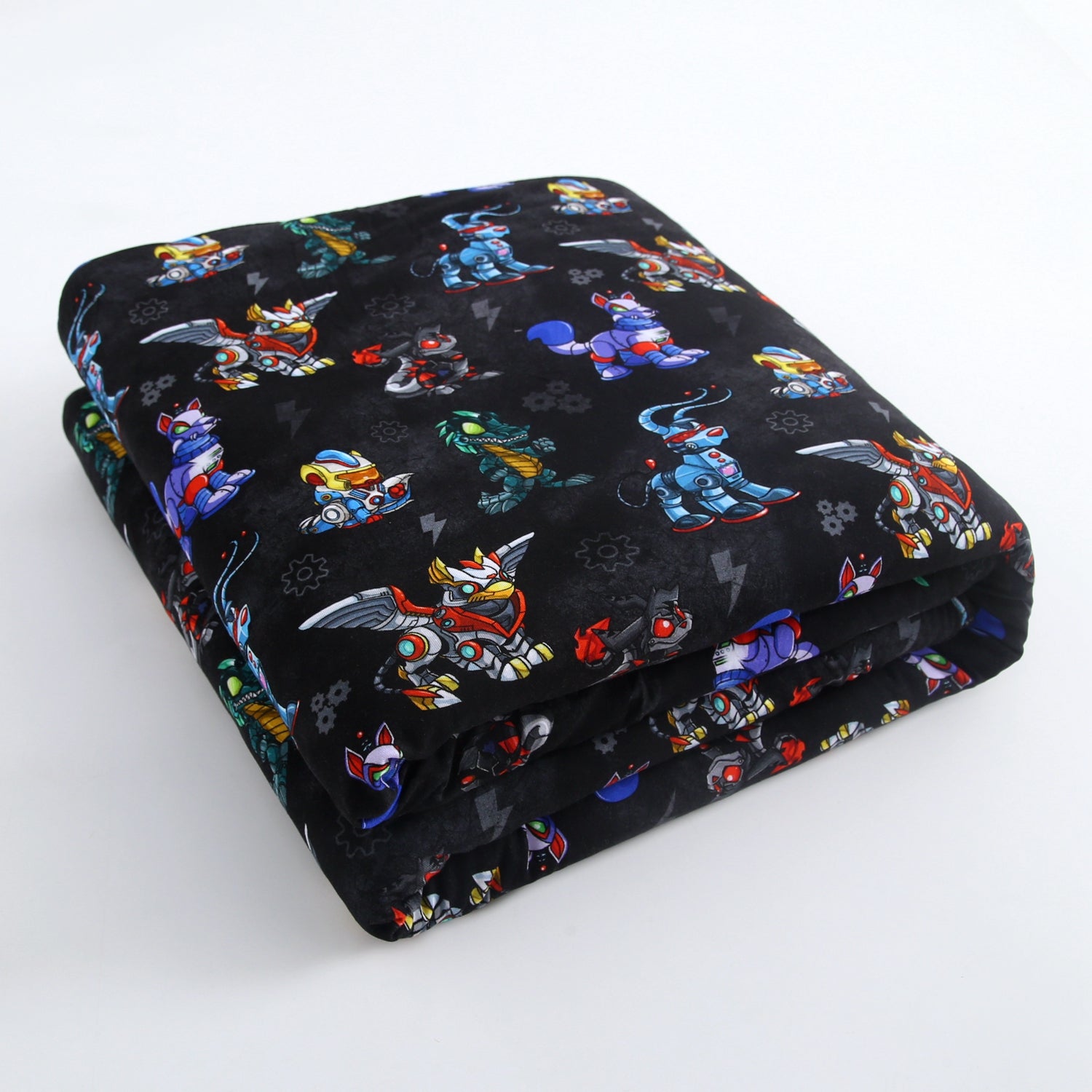 A black plush blanket with a repeating pattern of colorful robots.