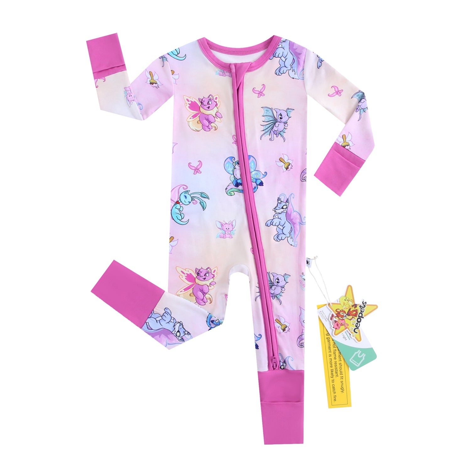 A pink Neopets Faerie print Tencel modal zip pajama set with pink cuffs.