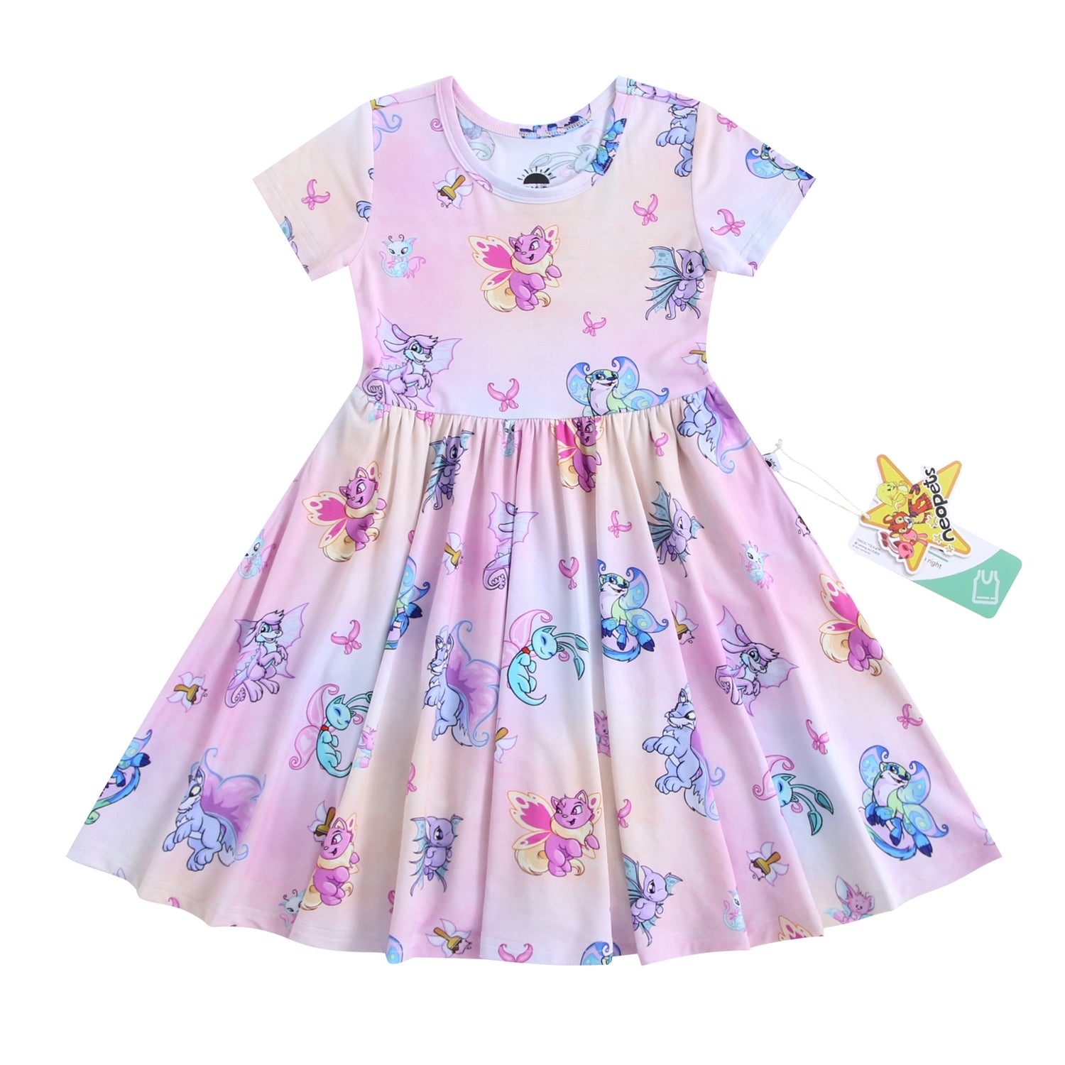 A pink and purple tie-dye dress with a Neopets Faerie print.