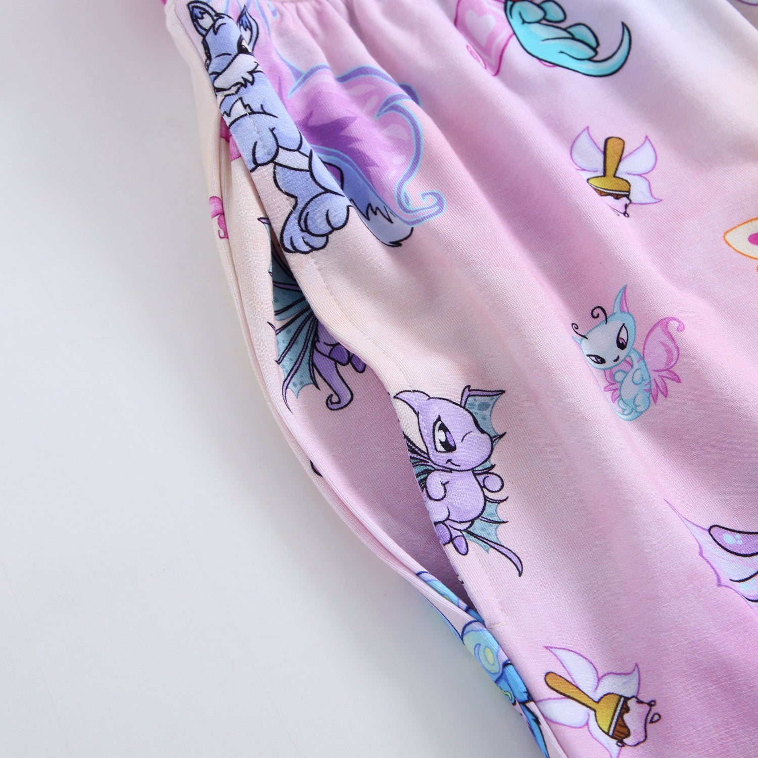 Pink Tencel modal joggers with a Neopets Faerie print.