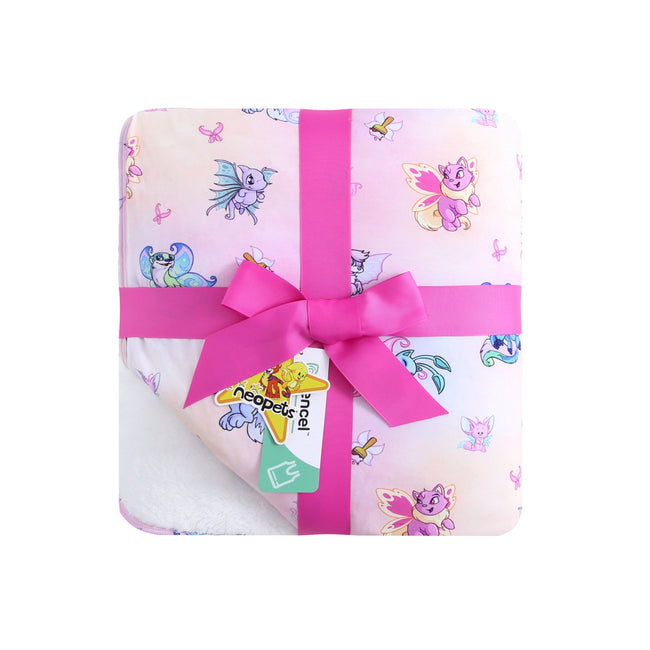 A pink Neopets Faerie plush blanket tied with a pink ribbon.