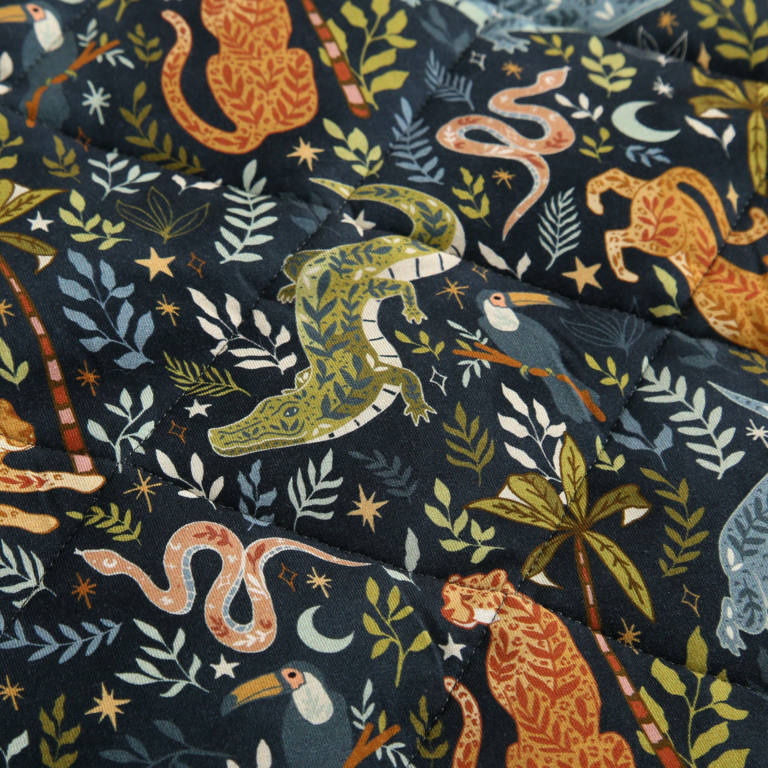 A dark blue quilted blanket with a jungle animal print.