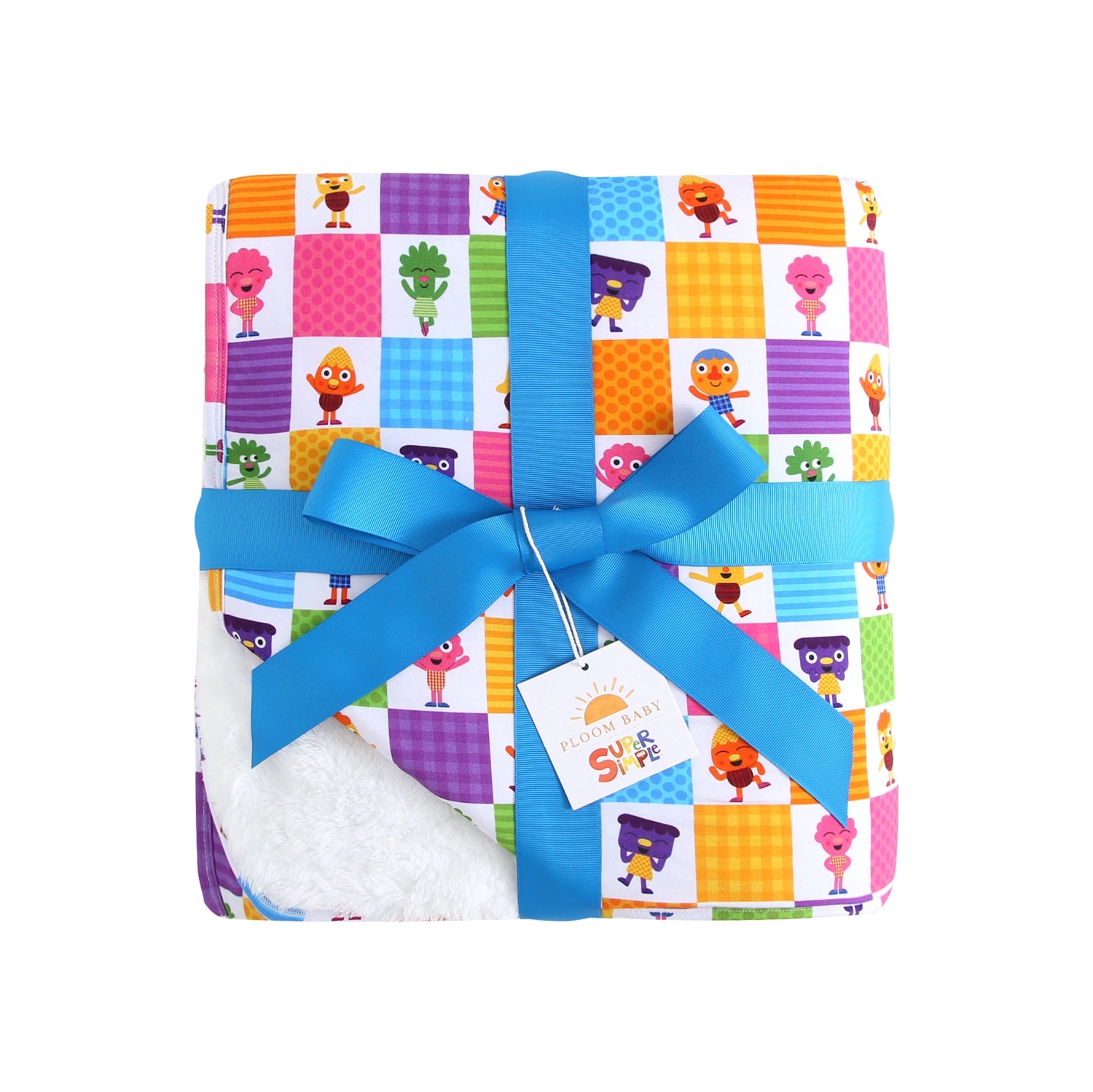 A folded blanket with a colorful checkered pattern of cartoon characters, tied with a blue ribbon.
