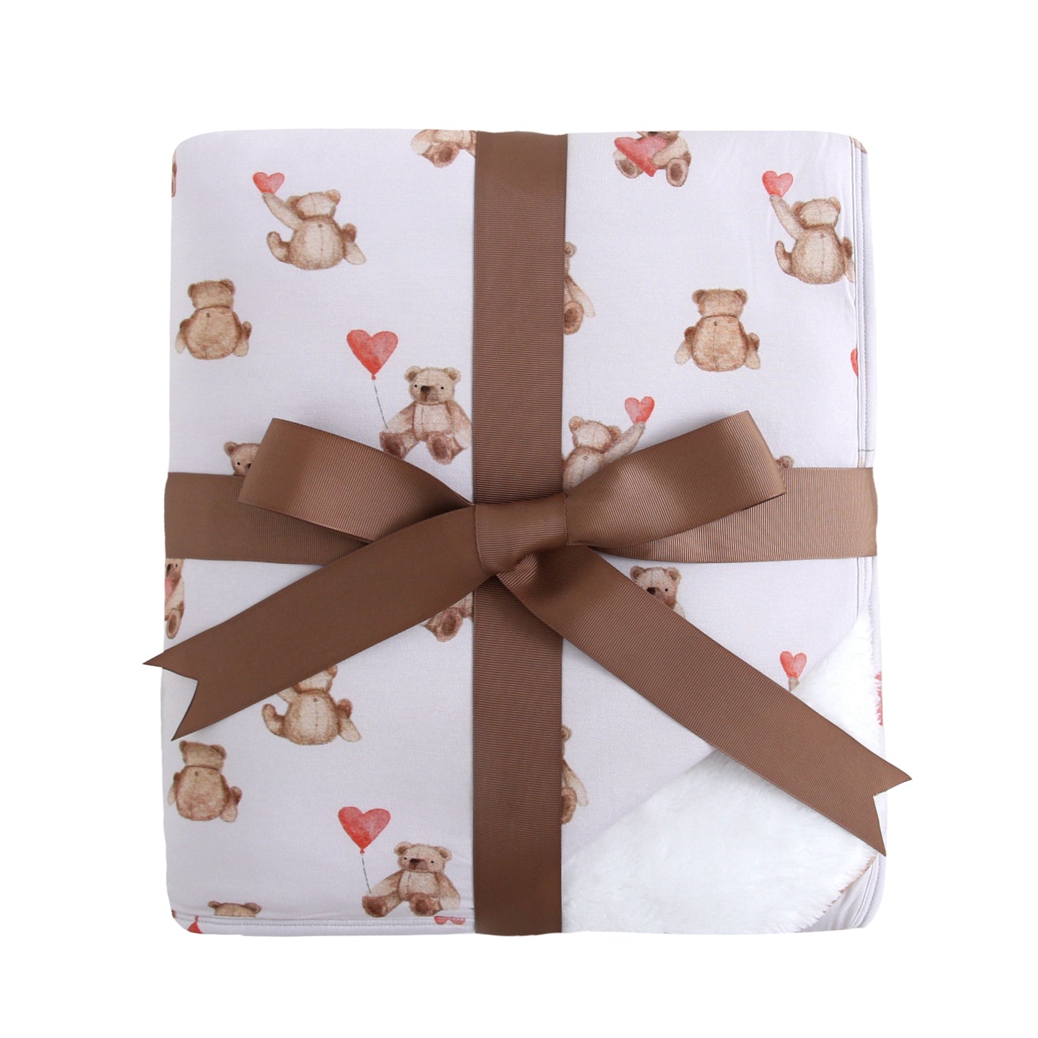A white blanket with teddy bears and red hearts, tied with a brown ribbon.