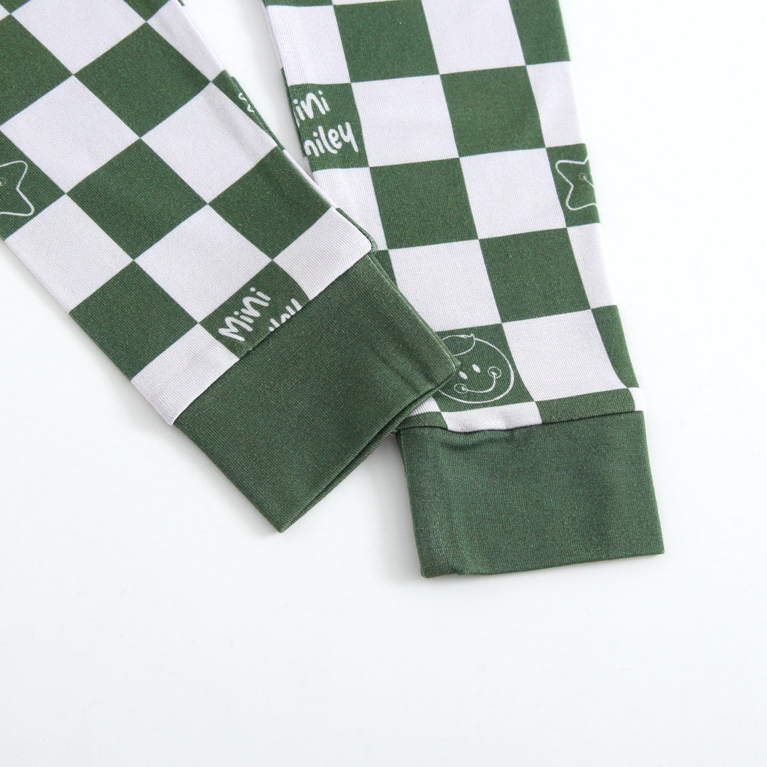 Green and white checkerboard pajama set with Mini Smiley print.
