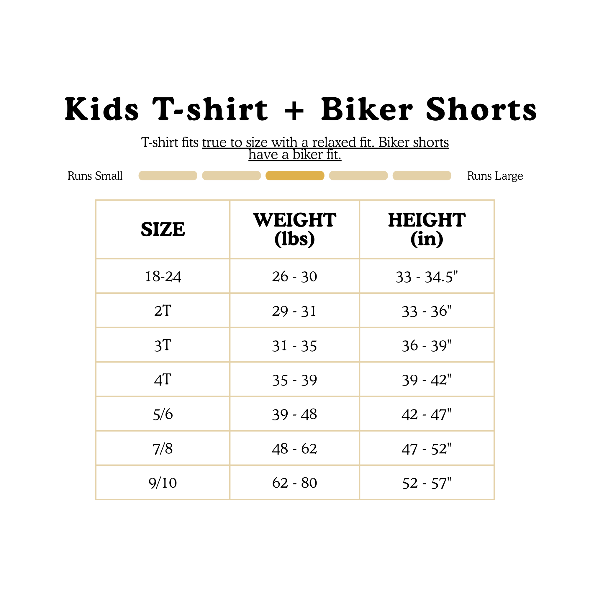 Kids T-shirt and Biker Shorts size chart with weight and height.