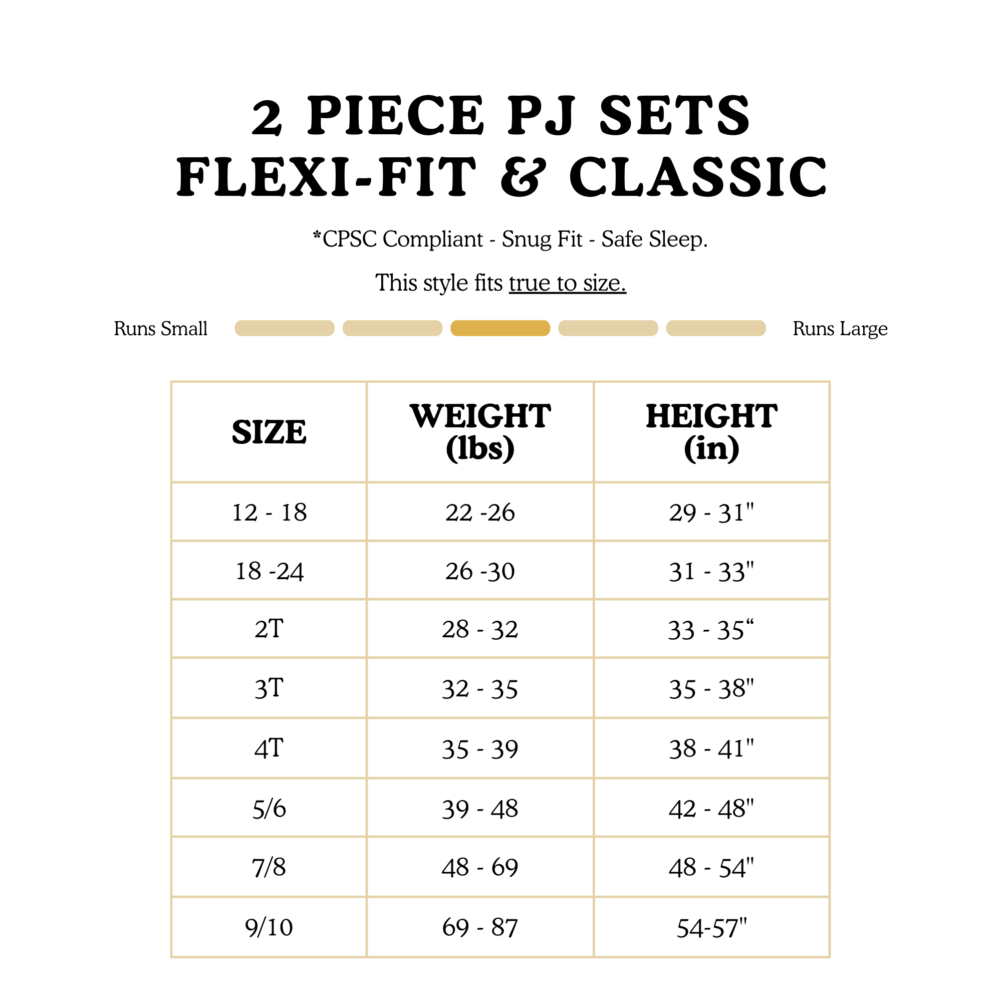 Size chart for a 2 piece PJ set with size, weight, and height information.